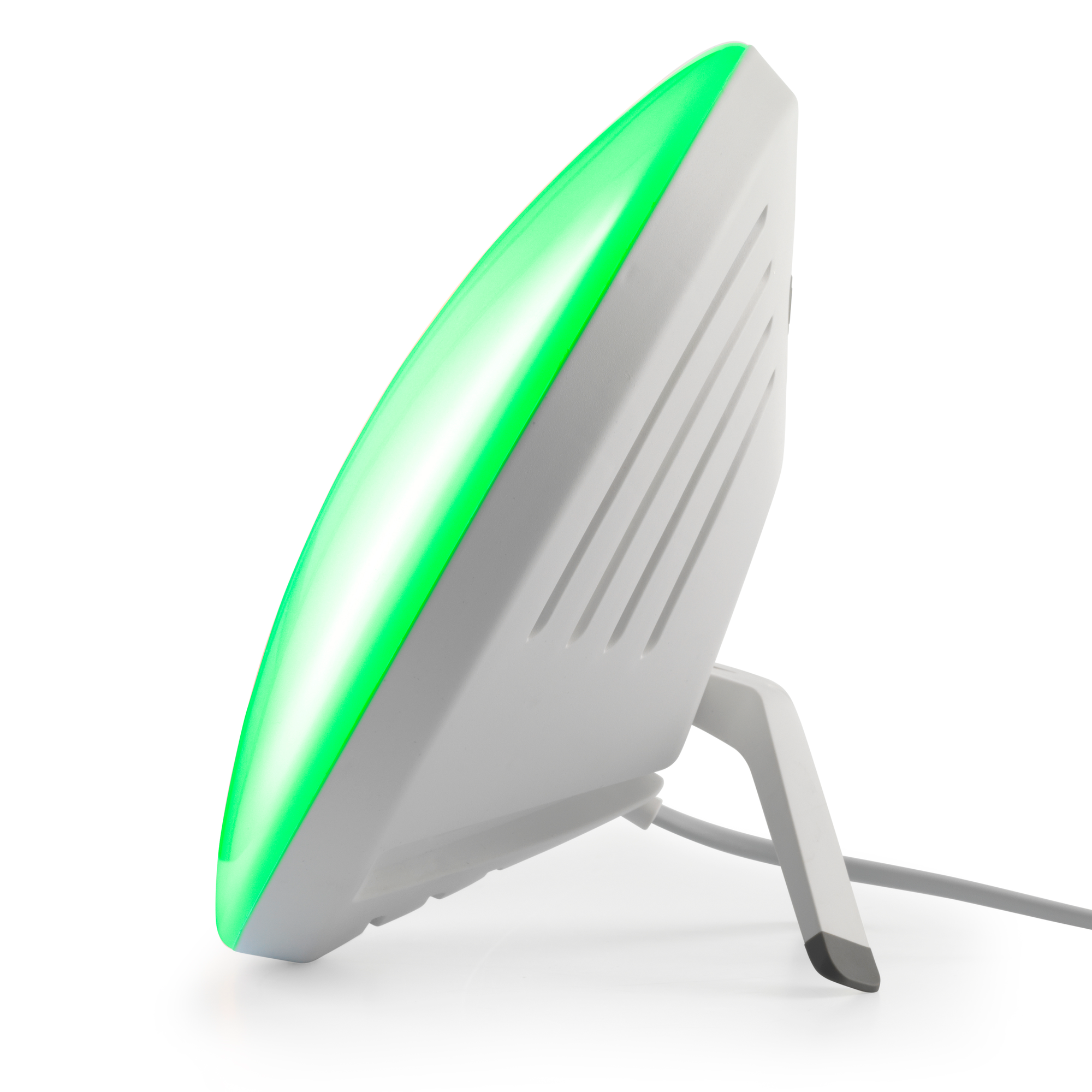 White, curved light with a green glow along the top. It stands on a white stand with a gray cable.