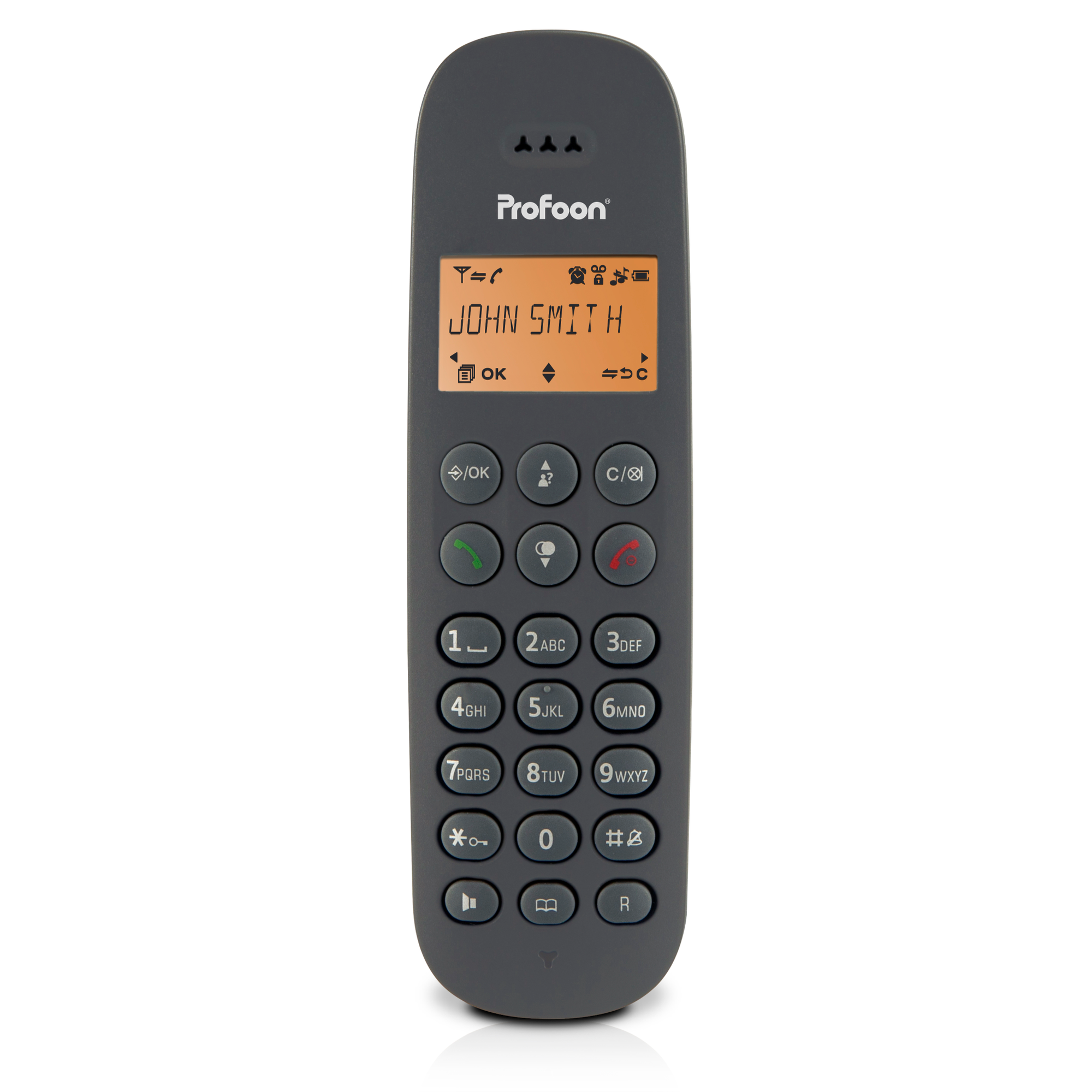 Graues schnurloses Telefon mit orangefarbenem Display mit Namen und Nummern.