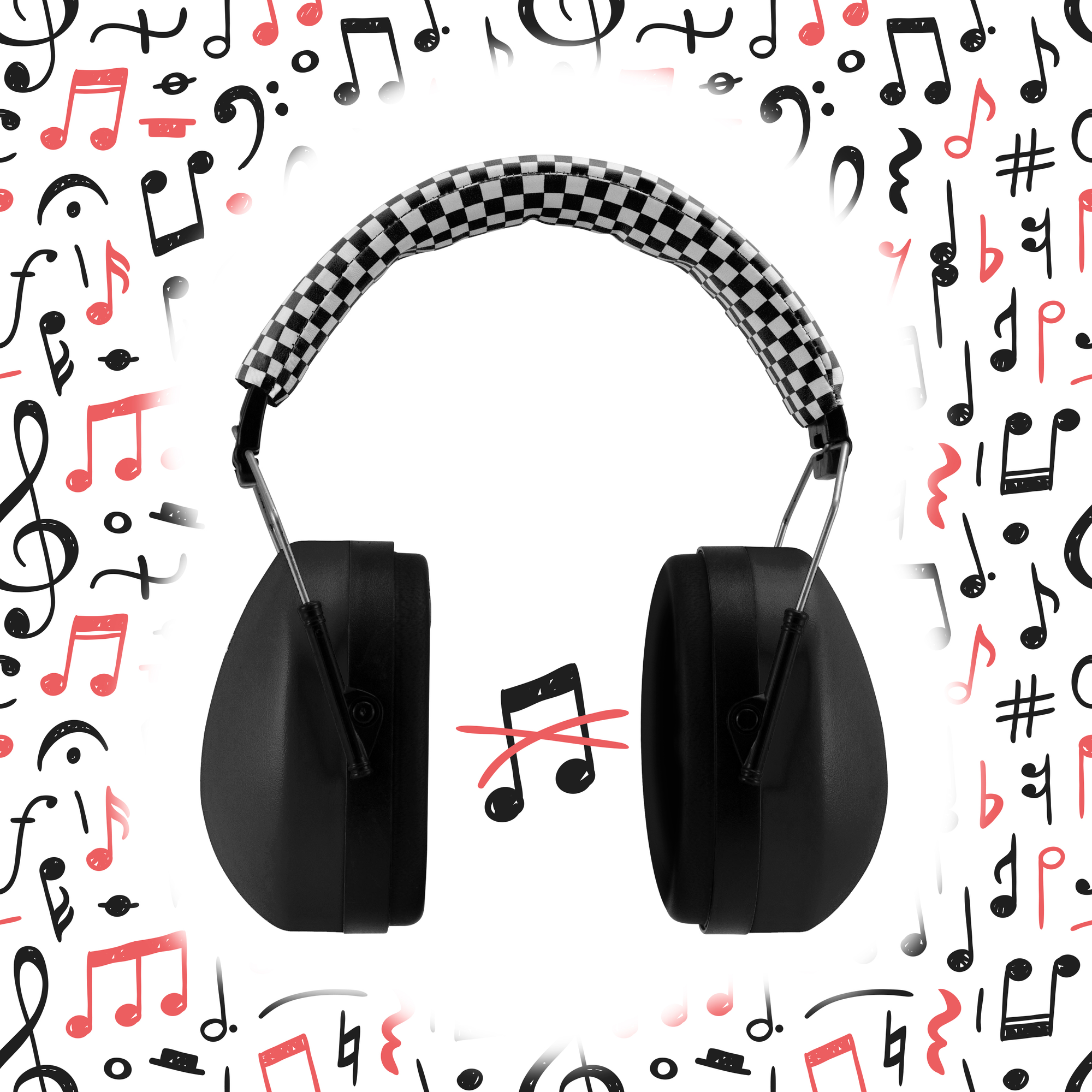 Czarne słuchawki z redukcją szumów. Nuty muzyczne wokół słuchawek. Pokazana jest czerwona, przekreślona nuta.