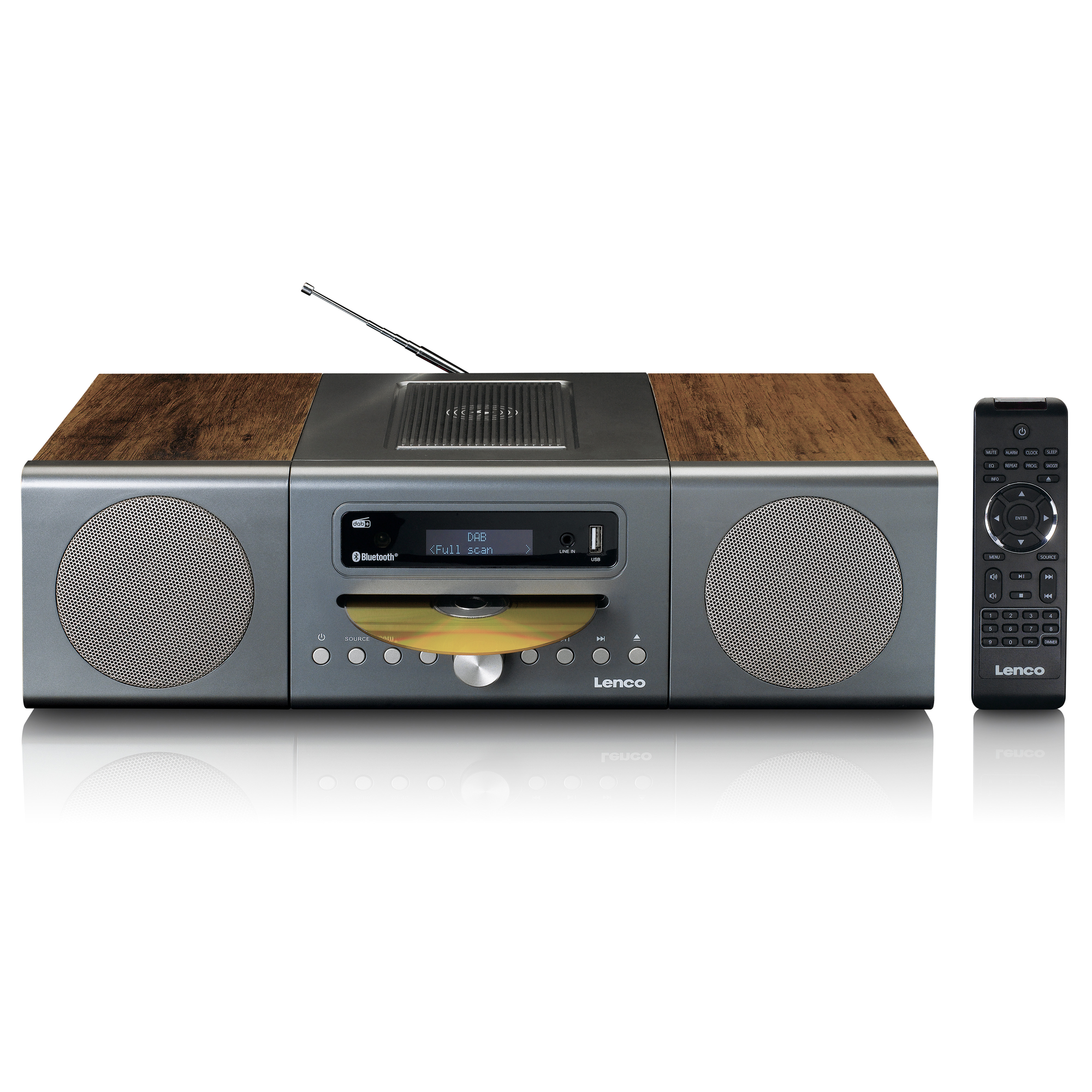 Un impianto stereo argento con top in legno, lettore CD, display e telecomando.