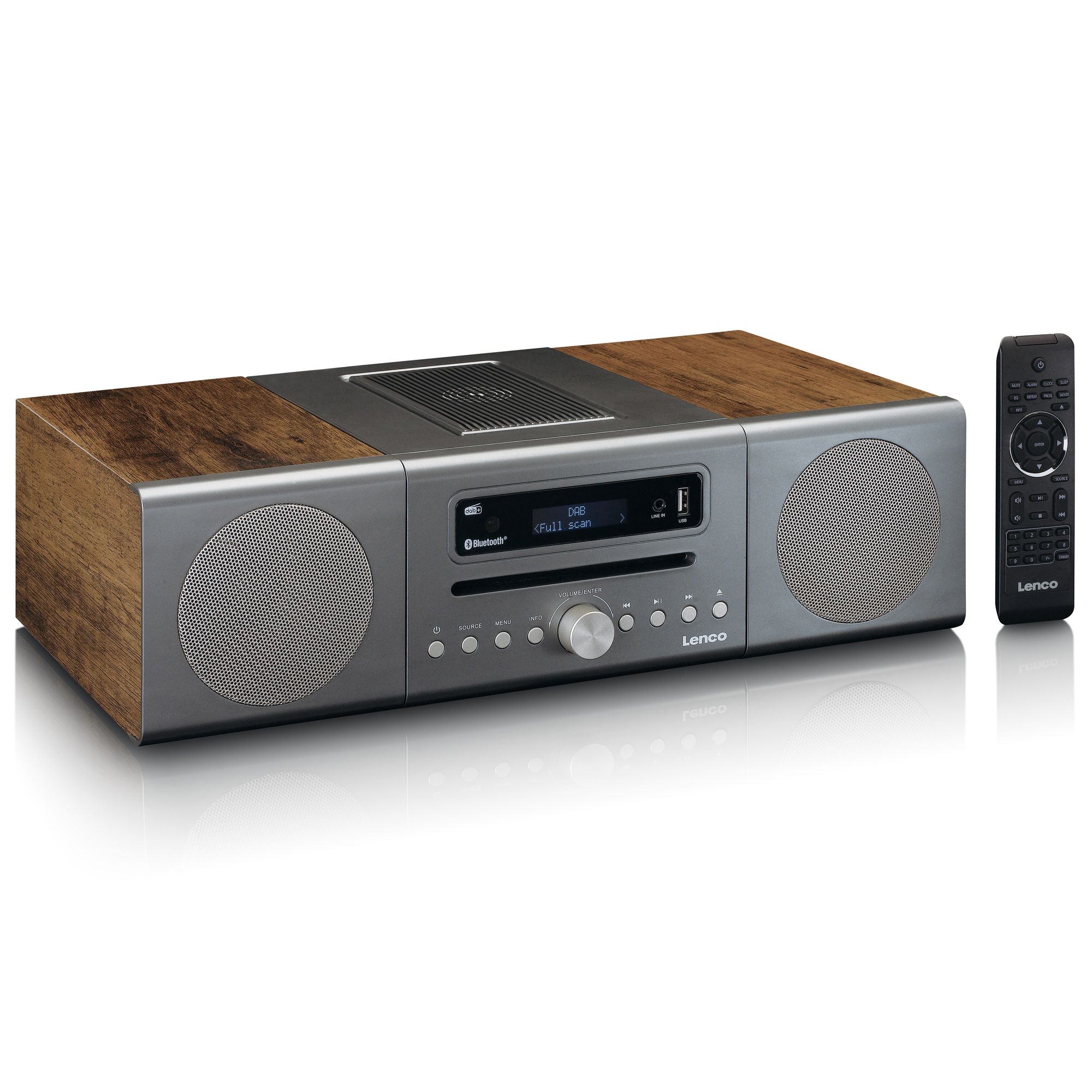 Un sistema stereo con parte superiore in legno e corpo argentato, con telecomando.