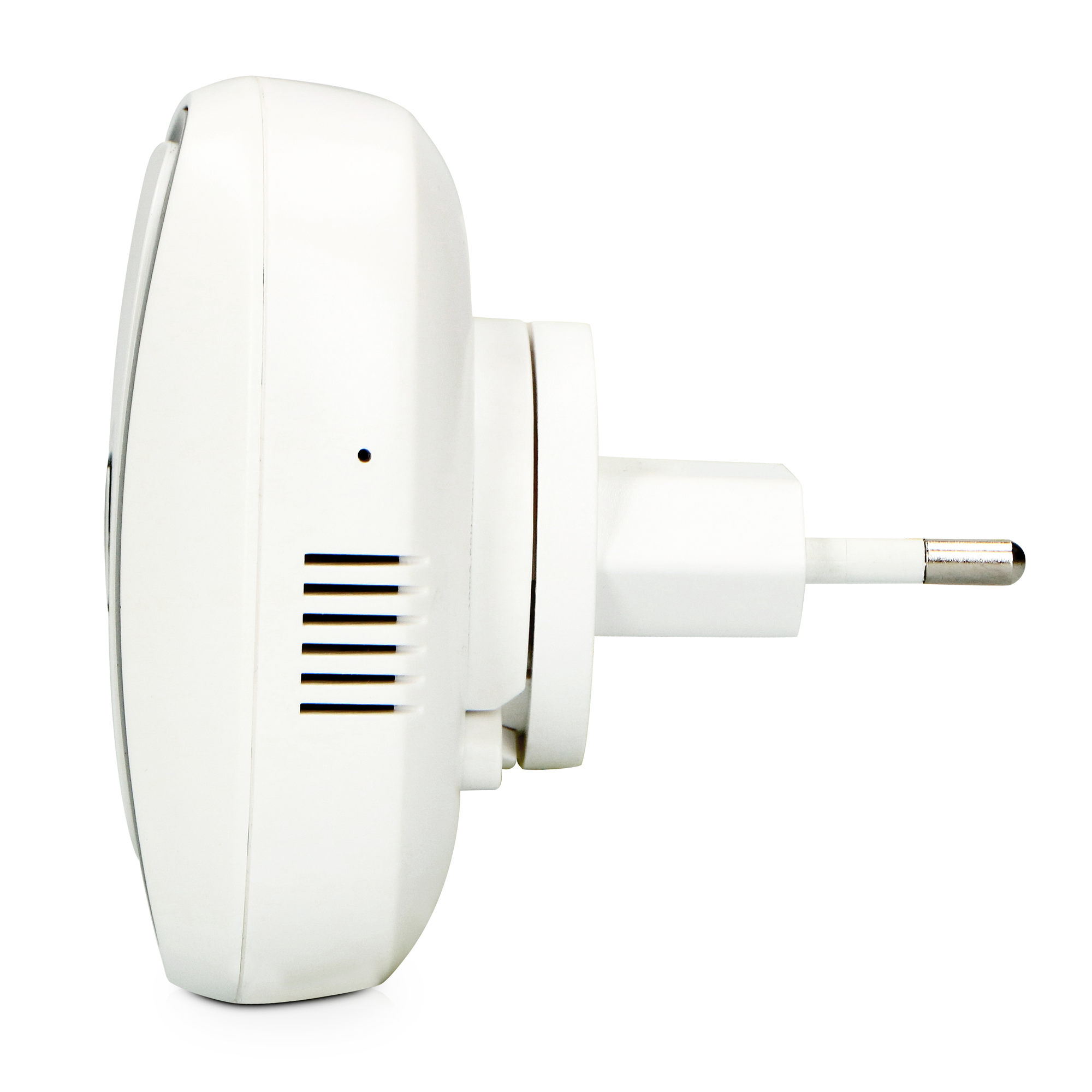 Ein weißer Smart Plug mit europäischem Stecker. Der Stecker hat eine Seitenansicht.