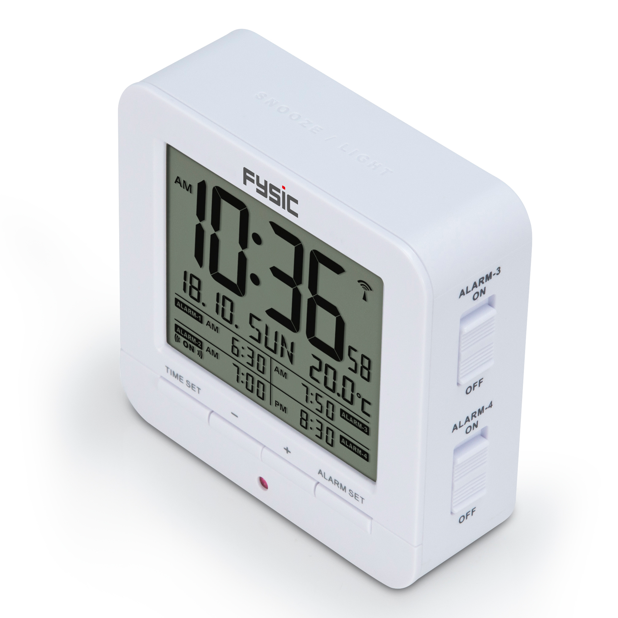 Een witte digitale wekker met datum, tijd en temperatuur. Knoppen aan de zijkant.