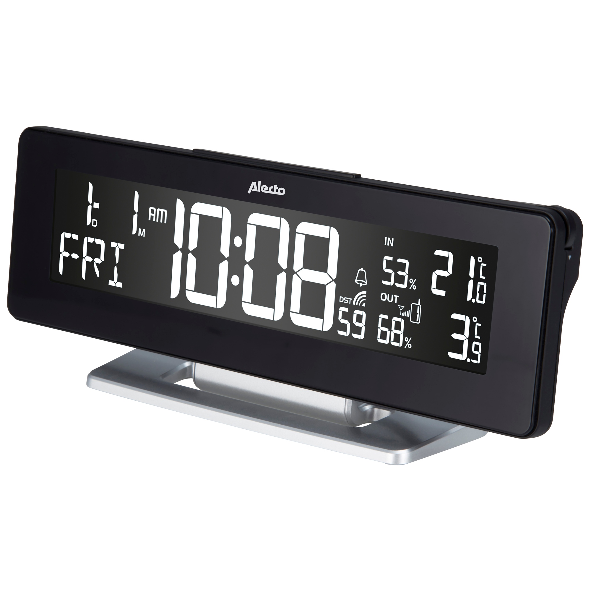 Zwarte digitale wekker met wit display, op een zilveren standaard.