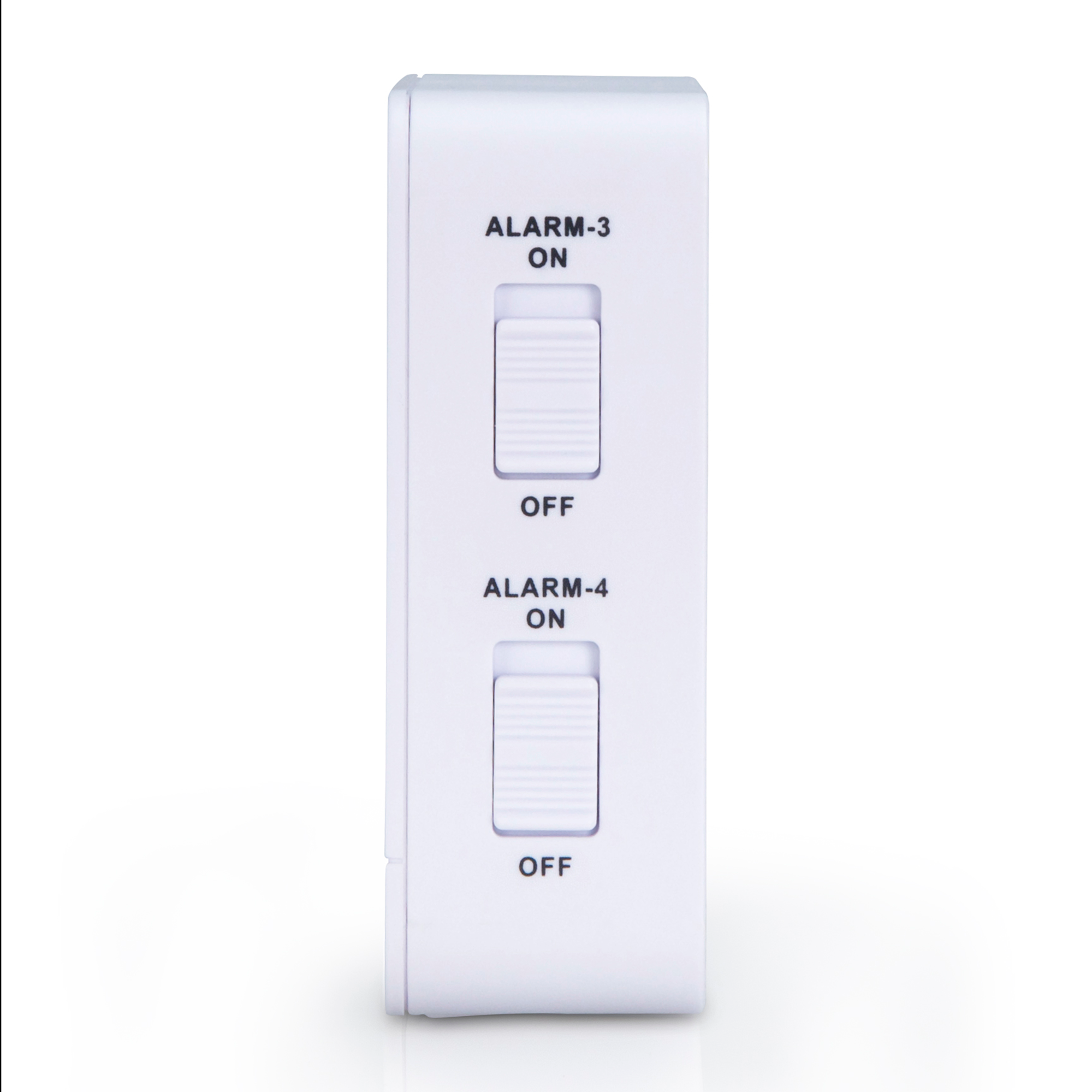 Wit schakelpaneel met twee schakelaars met labels 'ALARM-3' en 'ALARM-4'.