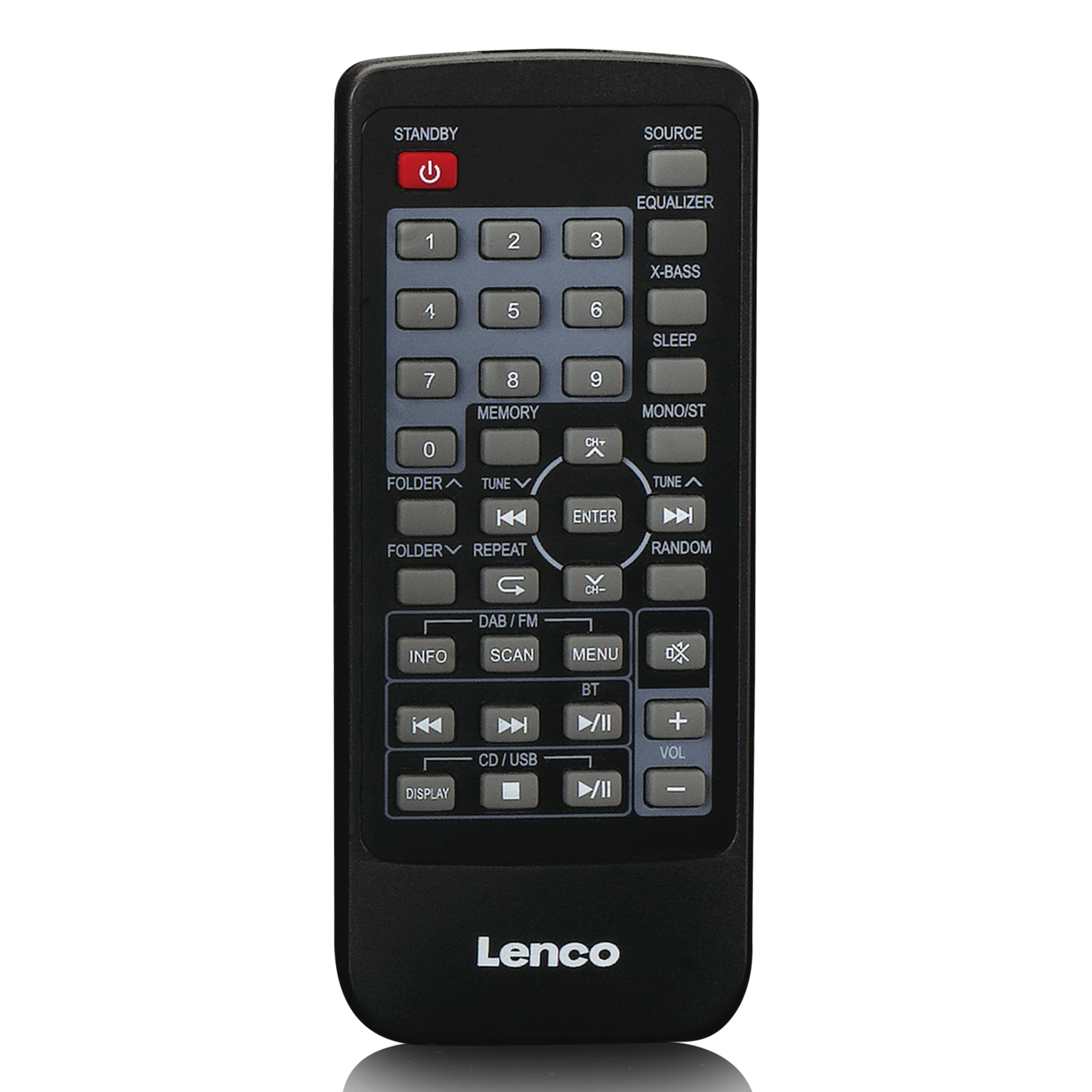 Télécommande noire avec de nombreux boutons. Lenco est imprimé en bas. Fond blanc.