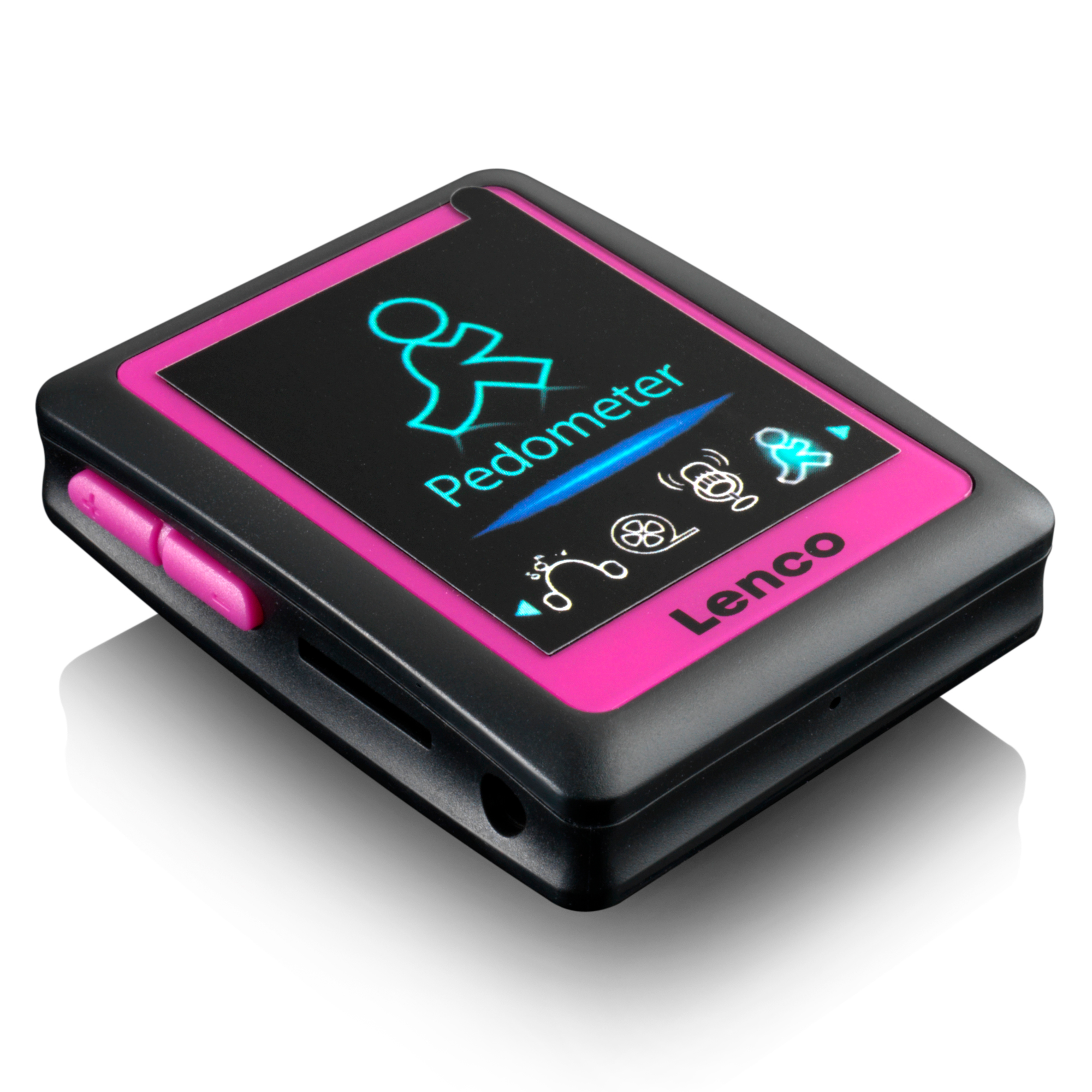 Ein schwarz-rosa Schrittzähler mit einem Bildschirm, der Symbole und das Wort 'Pedometer' zeigt, und die Marke Lenco.