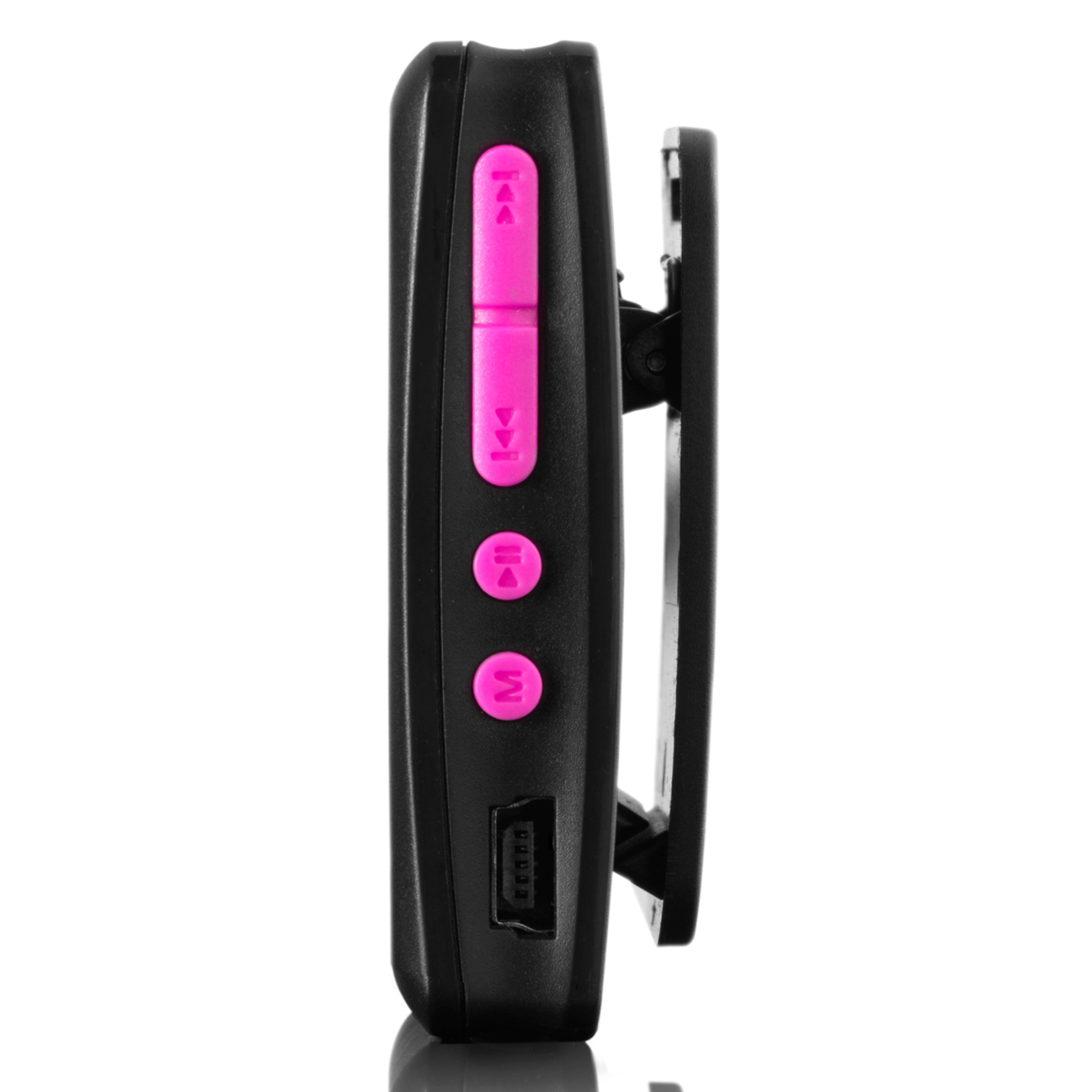Schwarzer MP3-Player. Hat rosa Knöpfe und einen Clip.