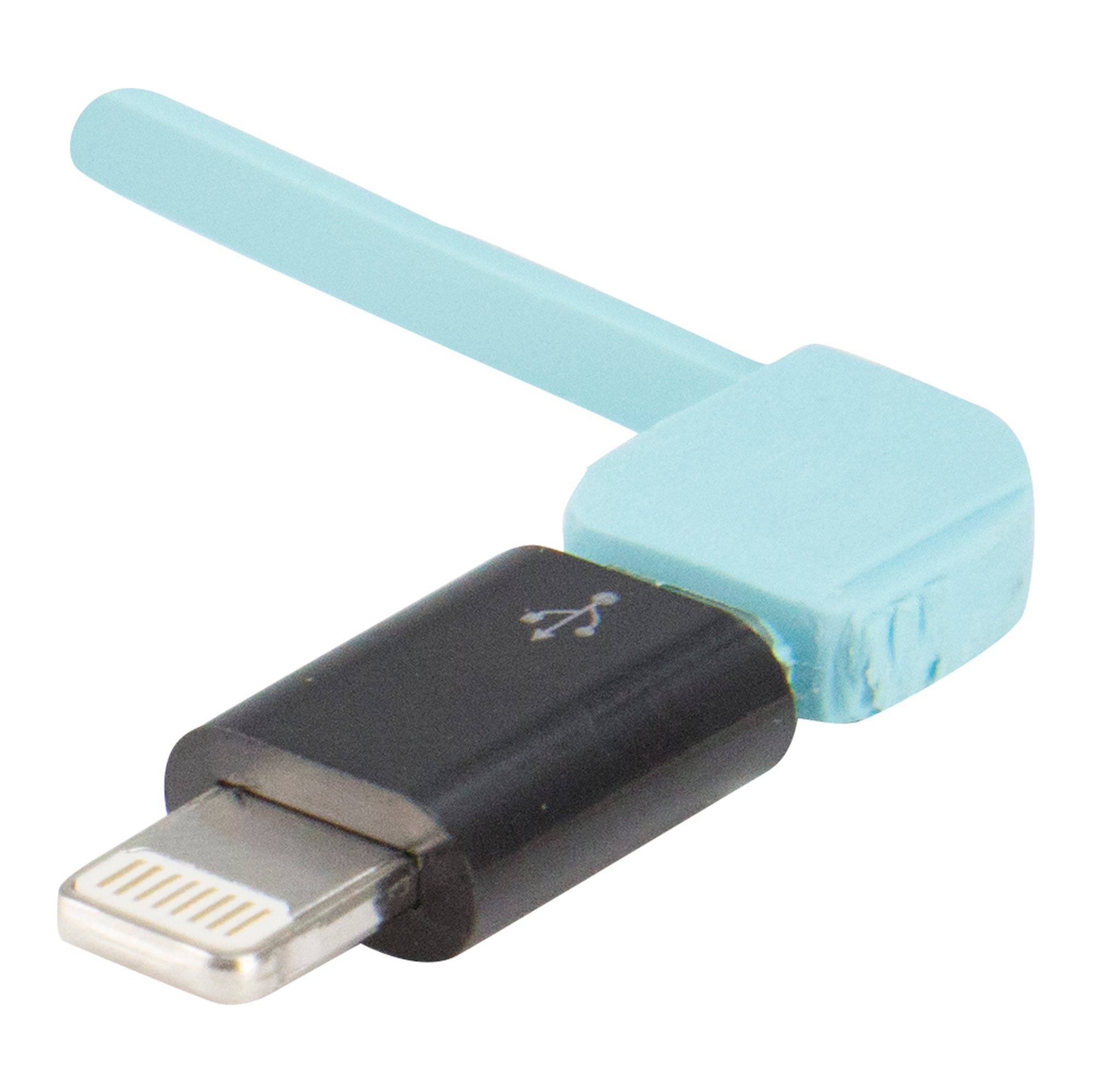 Een zwart-blauwe adapter voor een telefoon op een witte achtergrond. Het heeft een lightning-connector.