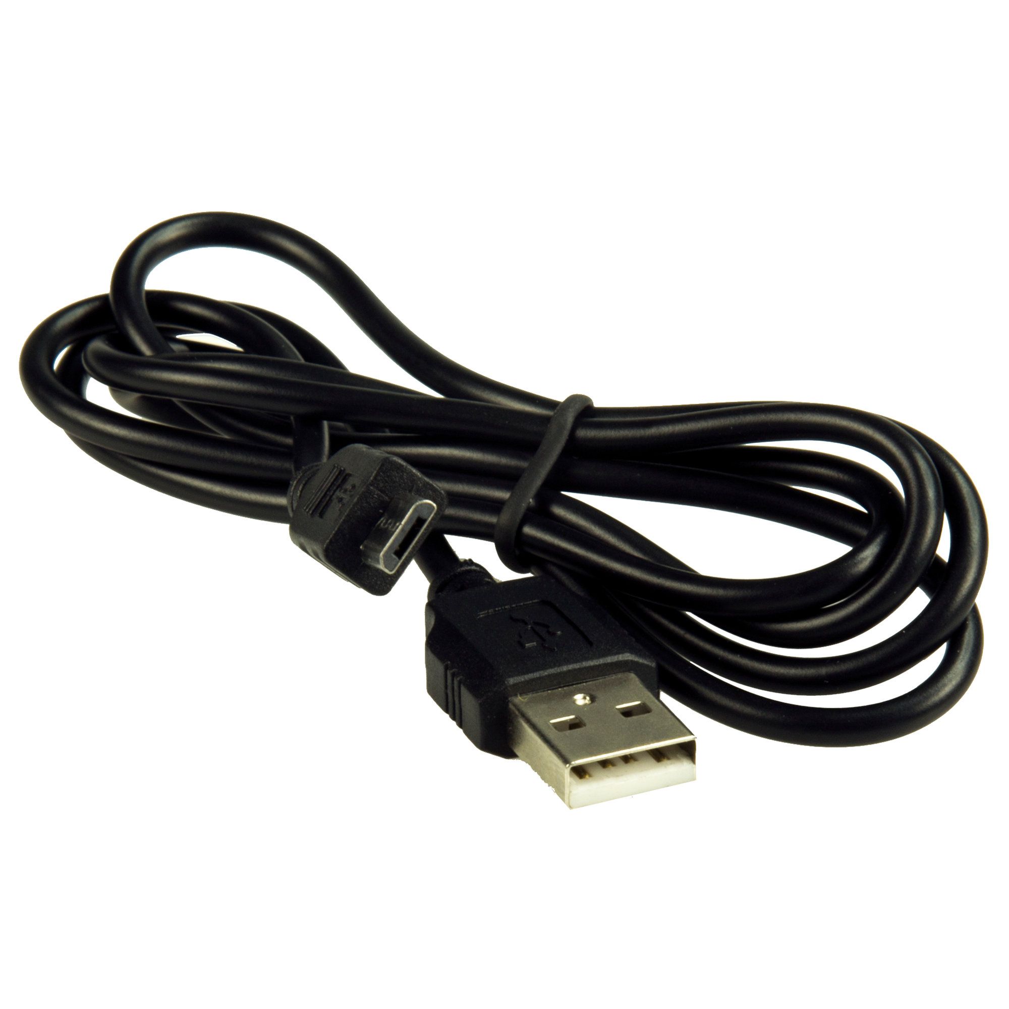 Zwarte USB-kabel met mannelijke USB- en micro-USB-connectoren op een witte achtergrond.
