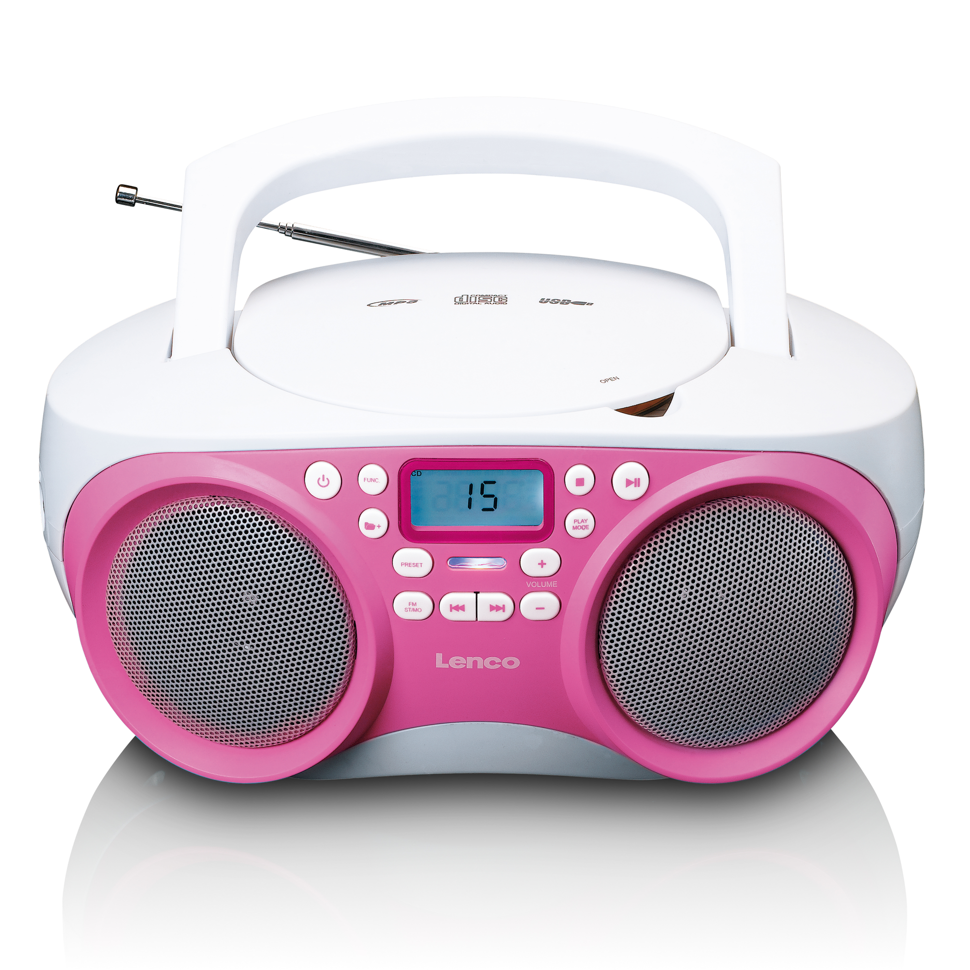 Rosa-weiße Boombox mit CD-Player oben. Sie hat Lautsprecher an der Seite und Knöpfe auf der Vorderseite.