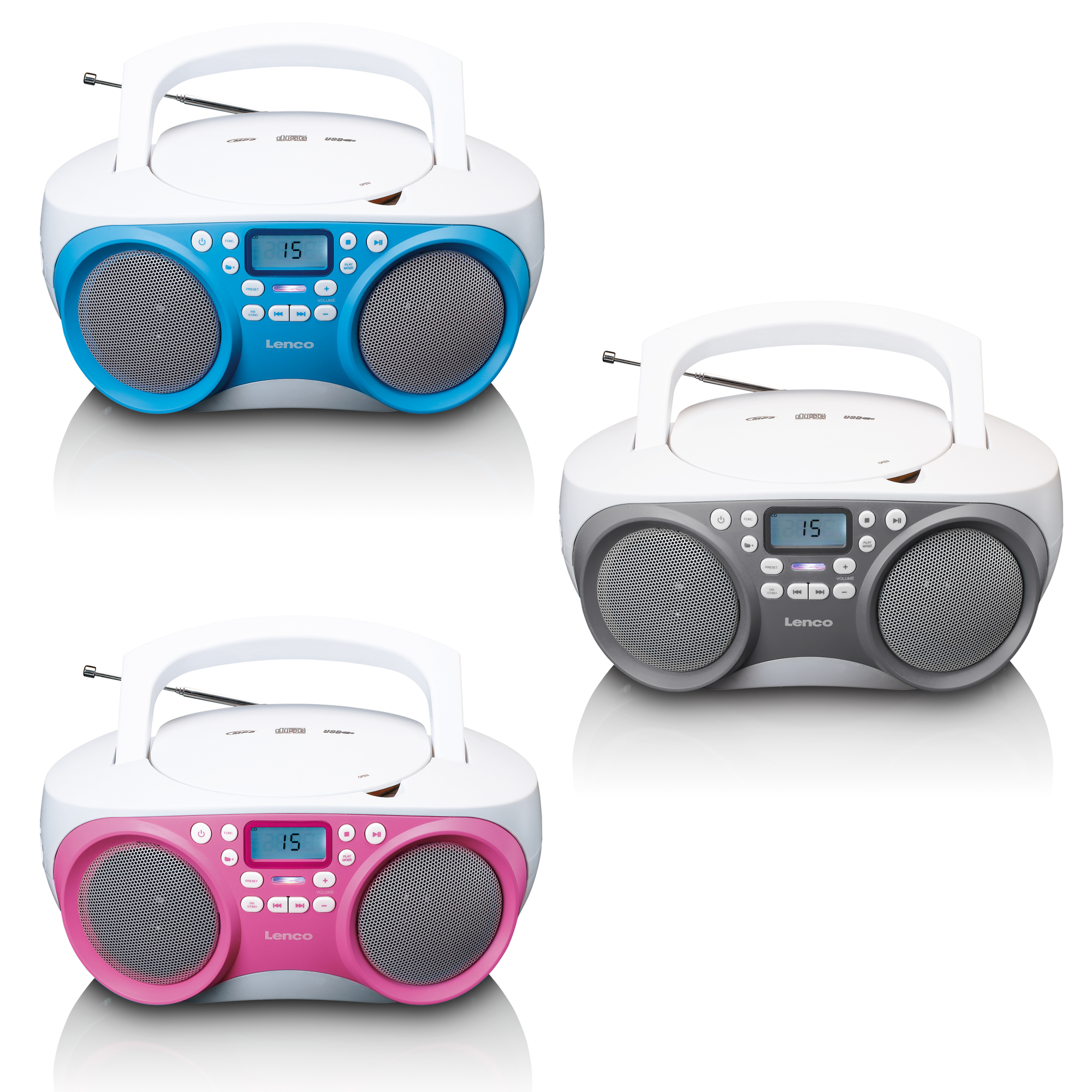 Drei Radios in verschiedenen Farben: blau, rosa und grau. Weißer Hintergrund und oberer Griff.