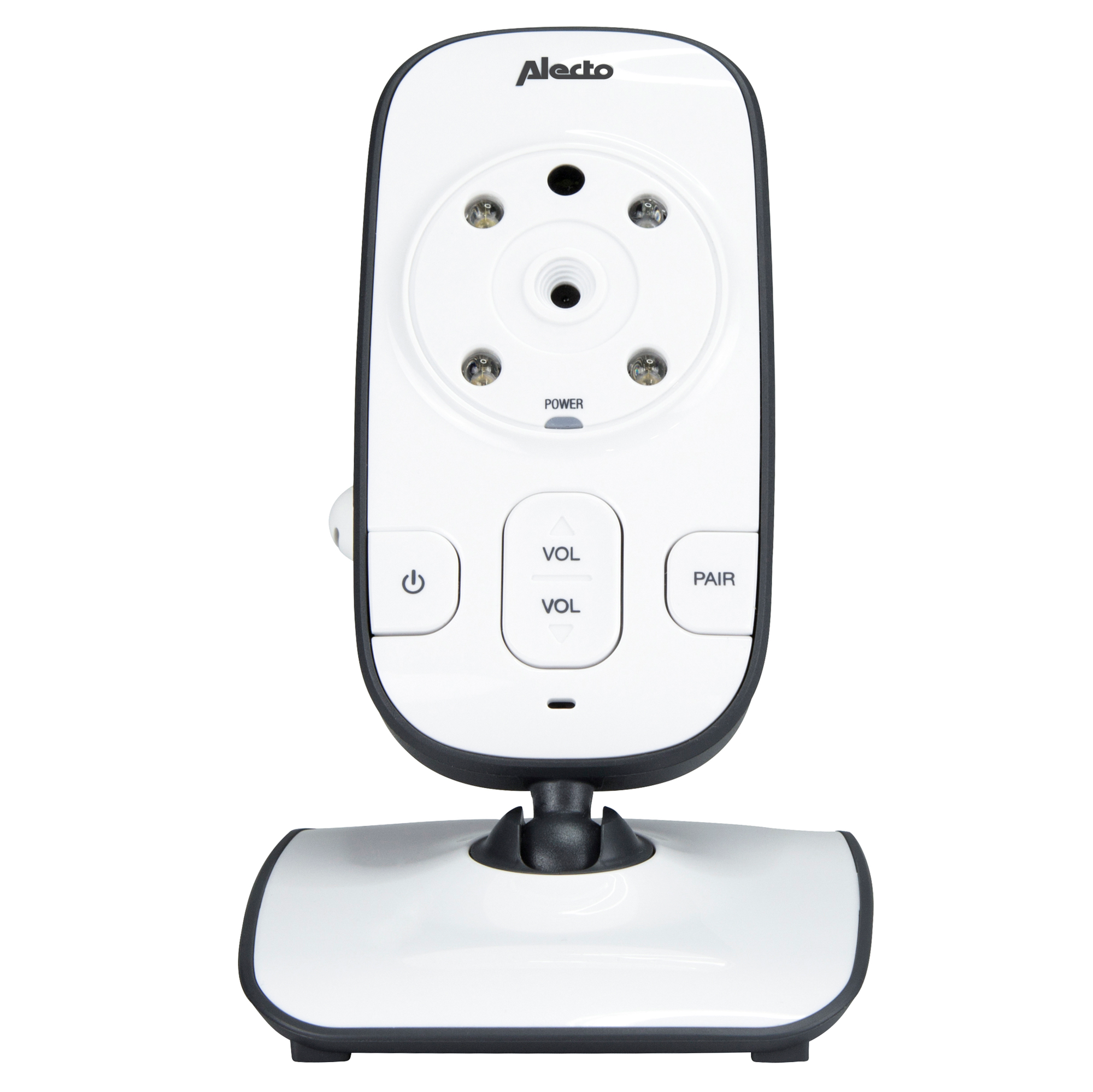 Witte Alecto babyfoon met knoppen en een basis, op een witte achtergrond.