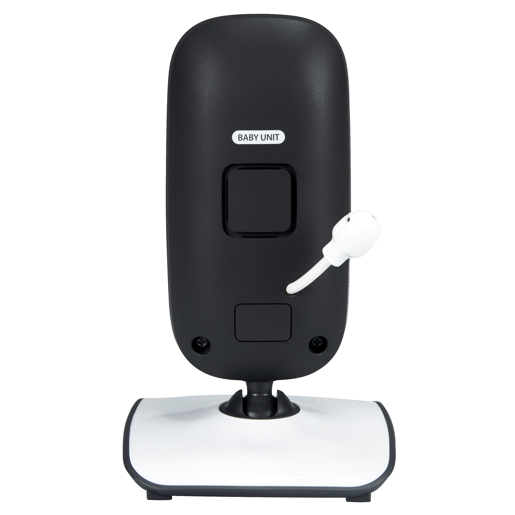 Zwart-wit babyfoonunit op een standaard, met een kleine witte antenne.