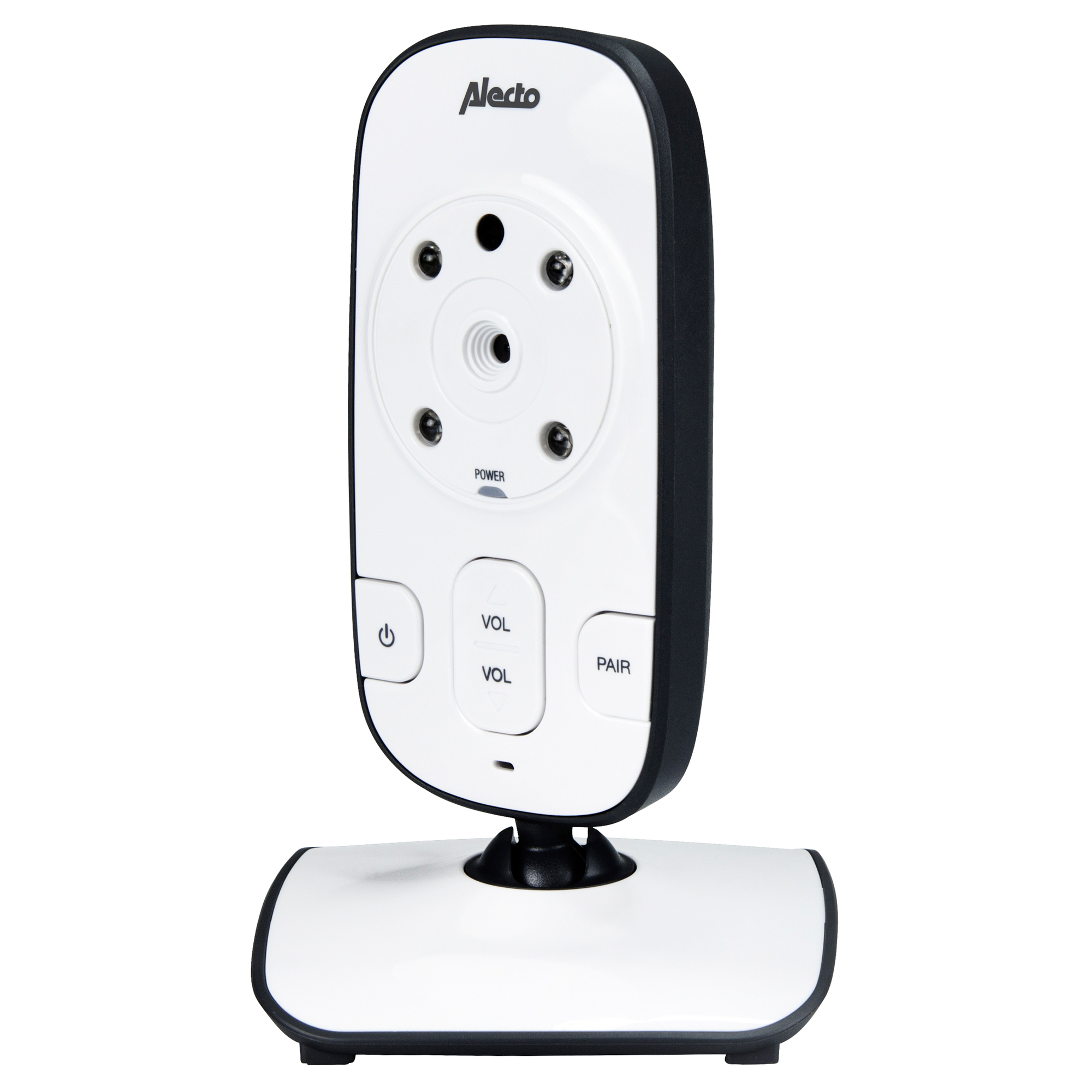 Een witte babyfoon met een zwart frame. De monitor heeft een camera en knoppen voor stroom, volume en koppelen.