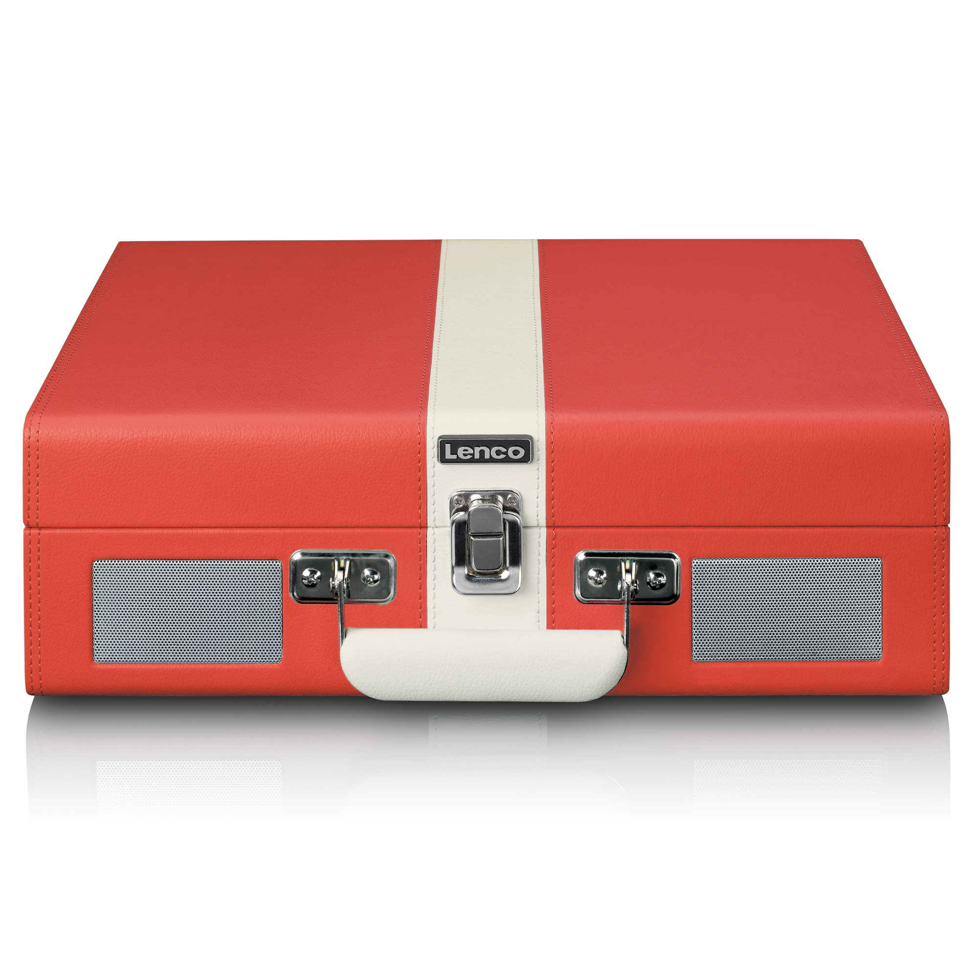 Giradischi Lenco rosso e bianco con chiusura argentata e altoparlanti.