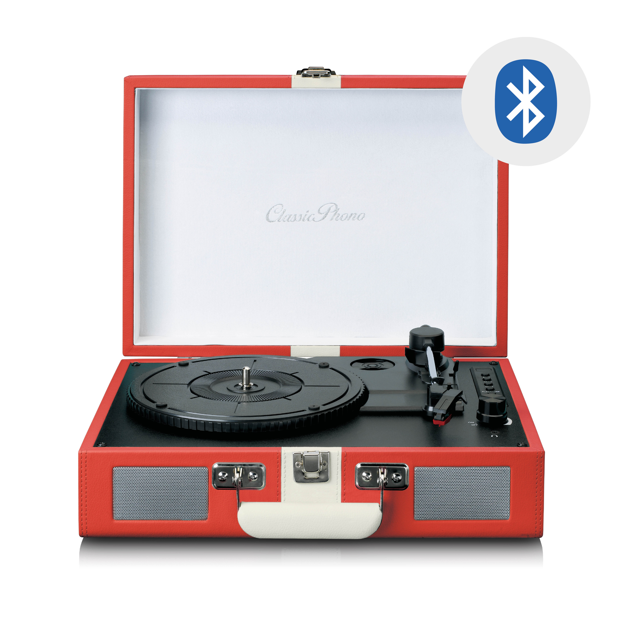 Giradischi ClassicPhono rosso e nero con interno bianco e un'icona Bluetooth.