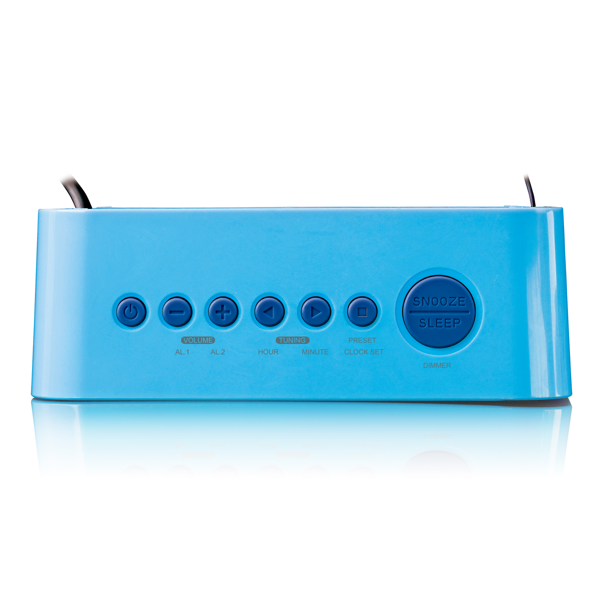 Radio-réveil bleu avec boutons et étiquettes, dont volume, syntonisation et répétition.
