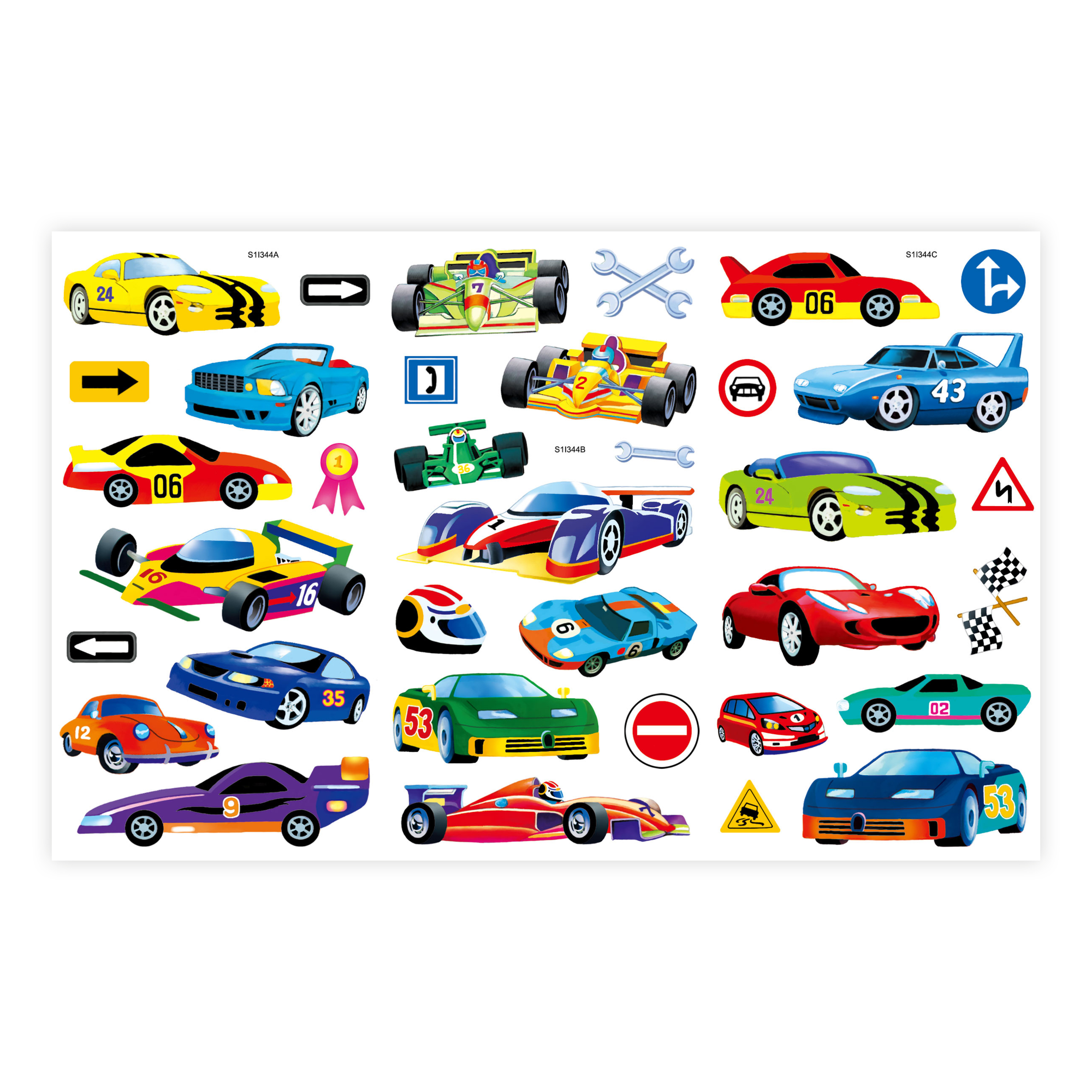 Feuille d'autocollants de voitures de course, couleurs et designs variés. Drapeaux, outils et panneaux.