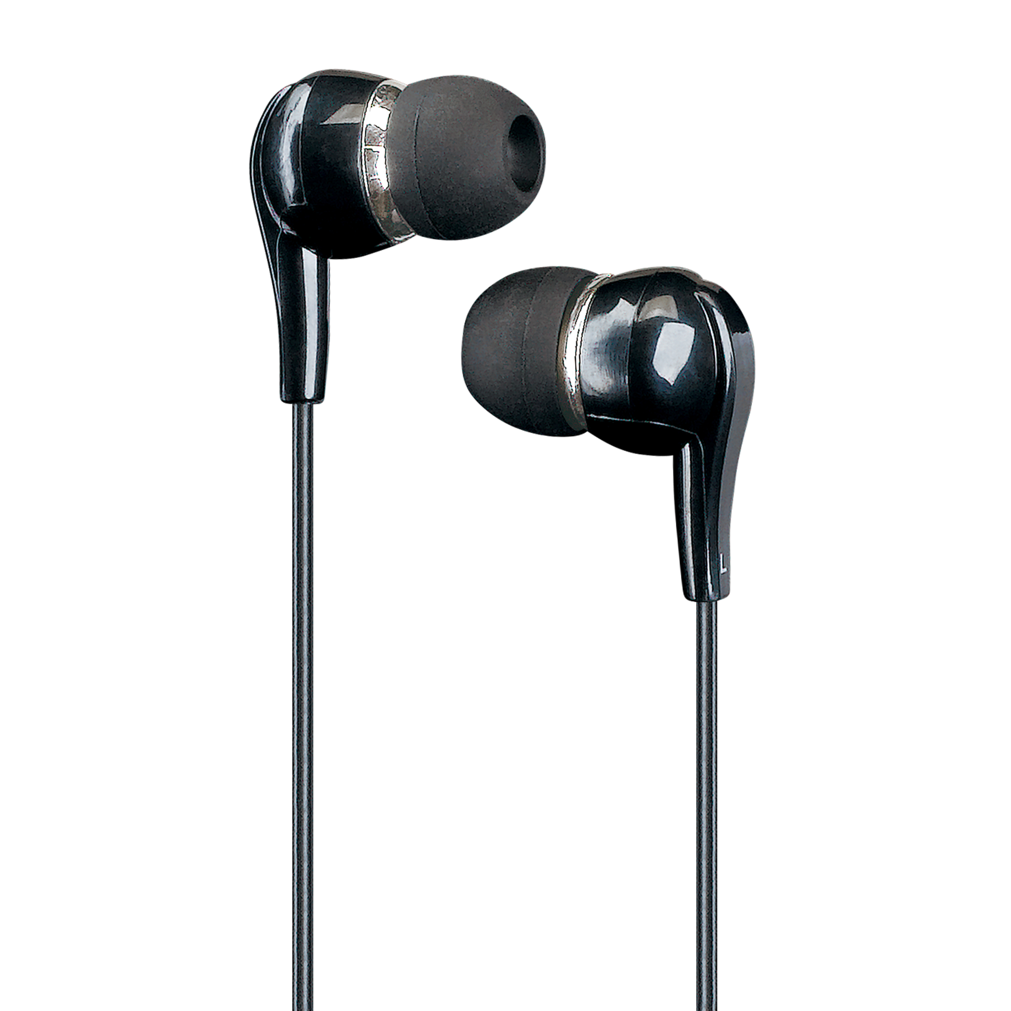 Czarne słuchawki douszne z ciemnoniebieskimi kablami, na białym tle.