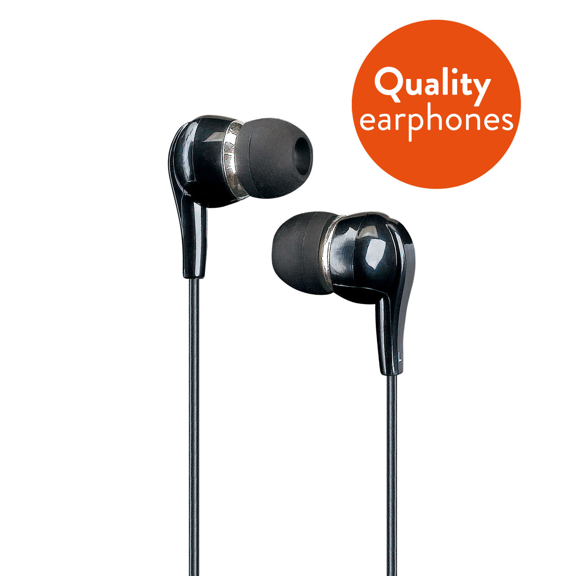 Czarne słuchawki z zielonym kablem, z napisem 'Quality earphones' w pomarańczowym kole.