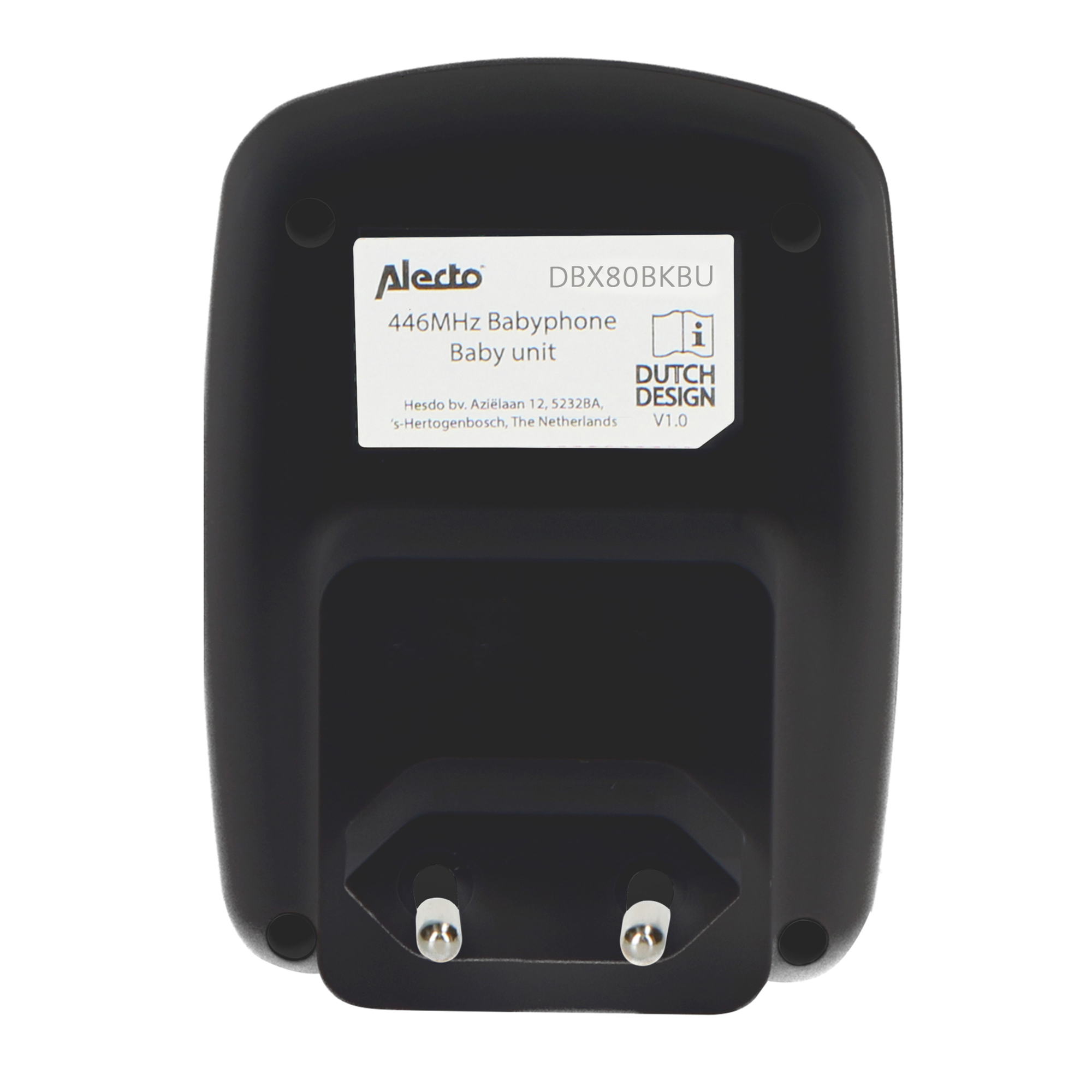 Black baby monitor unit with a plug and a label: Alecto DBX80BKBU. Dutch Design.