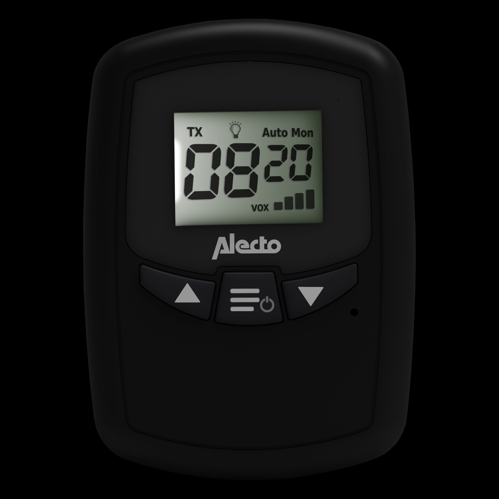 Black baby monitor remote. Features a screen displaying time and icons.