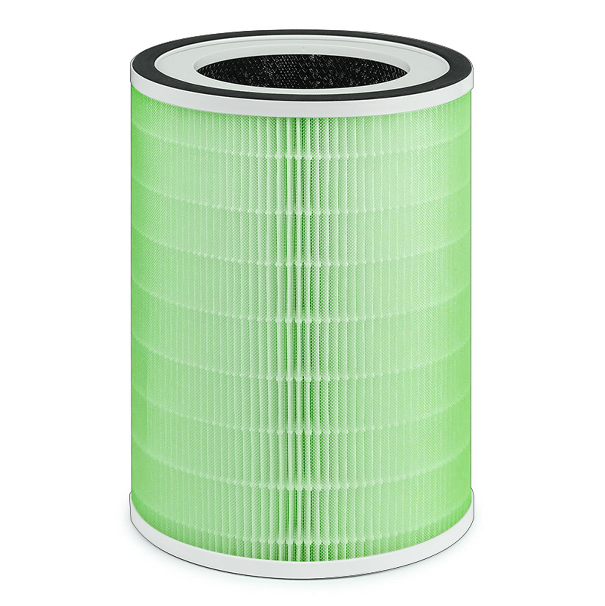 Groen cilindrisch luchtfilter met wit frame en zwarte bovenkant. Verticale lijnen.