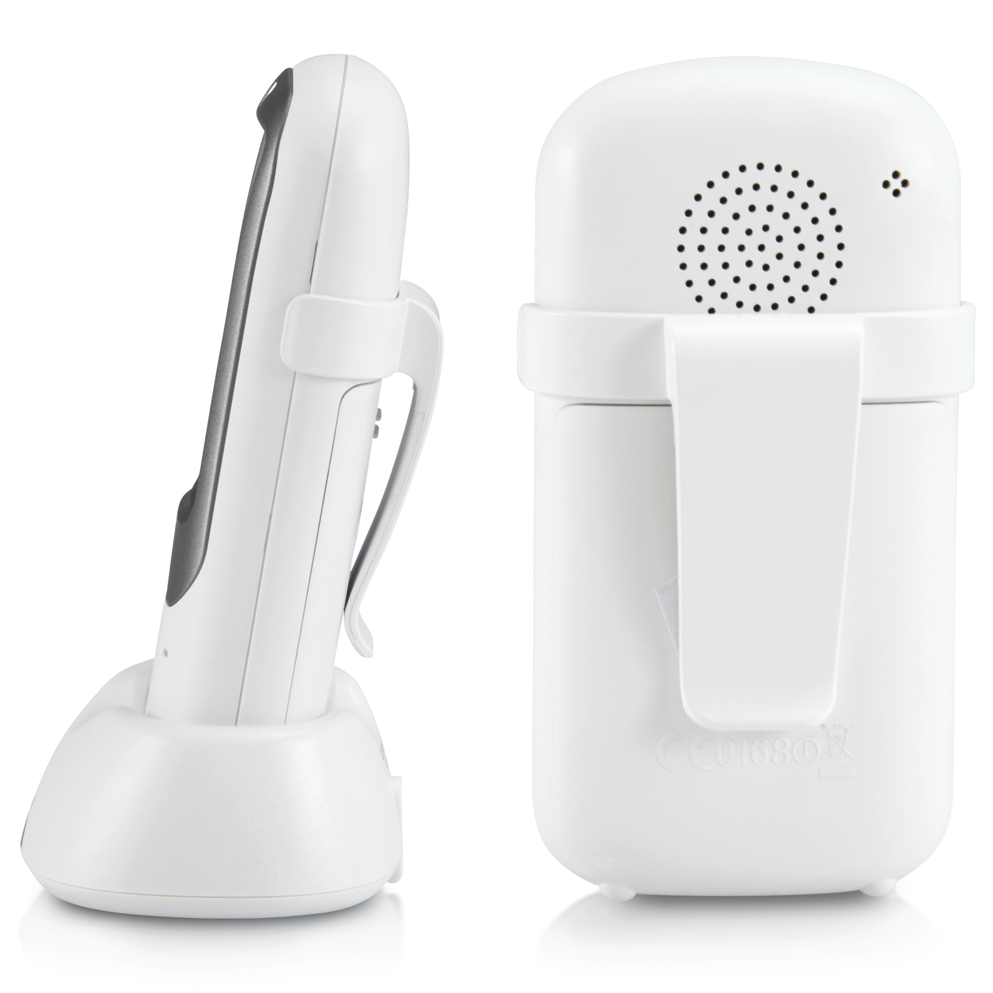 Two white baby monitors: one in the charging base, the other on its side.