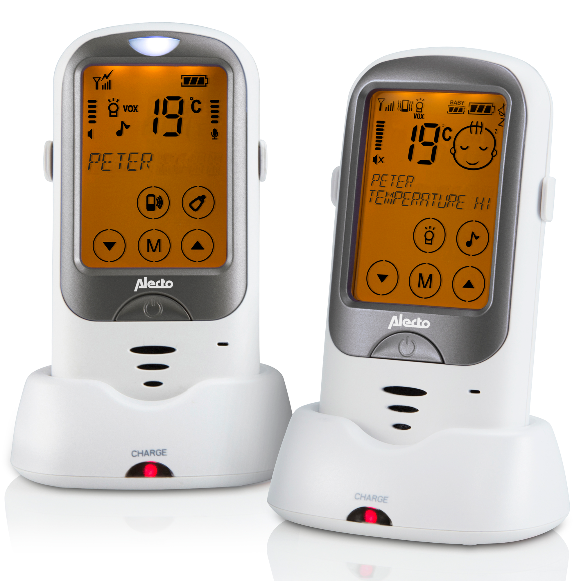 Two white baby monitors with screens showing temperature and time.