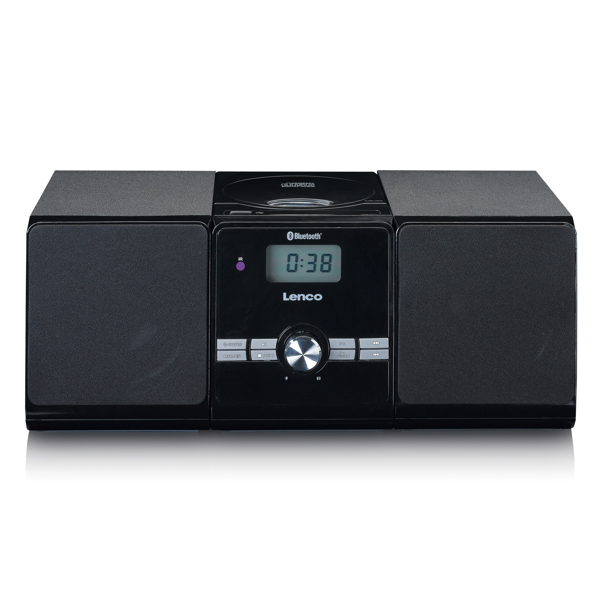 Un sistema stereo Lenco nero con altoparlanti e un lettore CD. Visualizza l'ora.