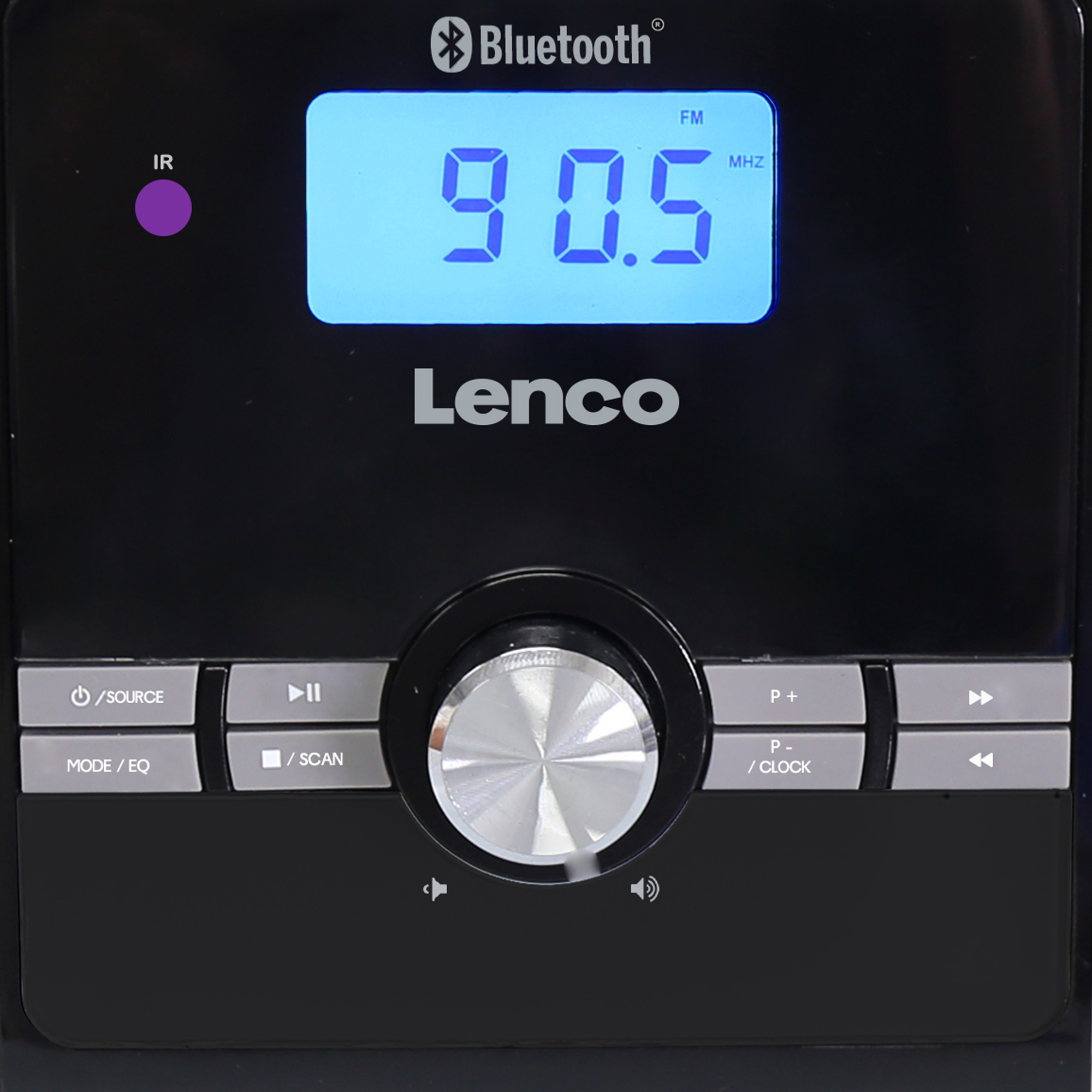Una radio Lenco nera con display blu che mostra 90,5 MHz e pulsanti per varie funzioni.