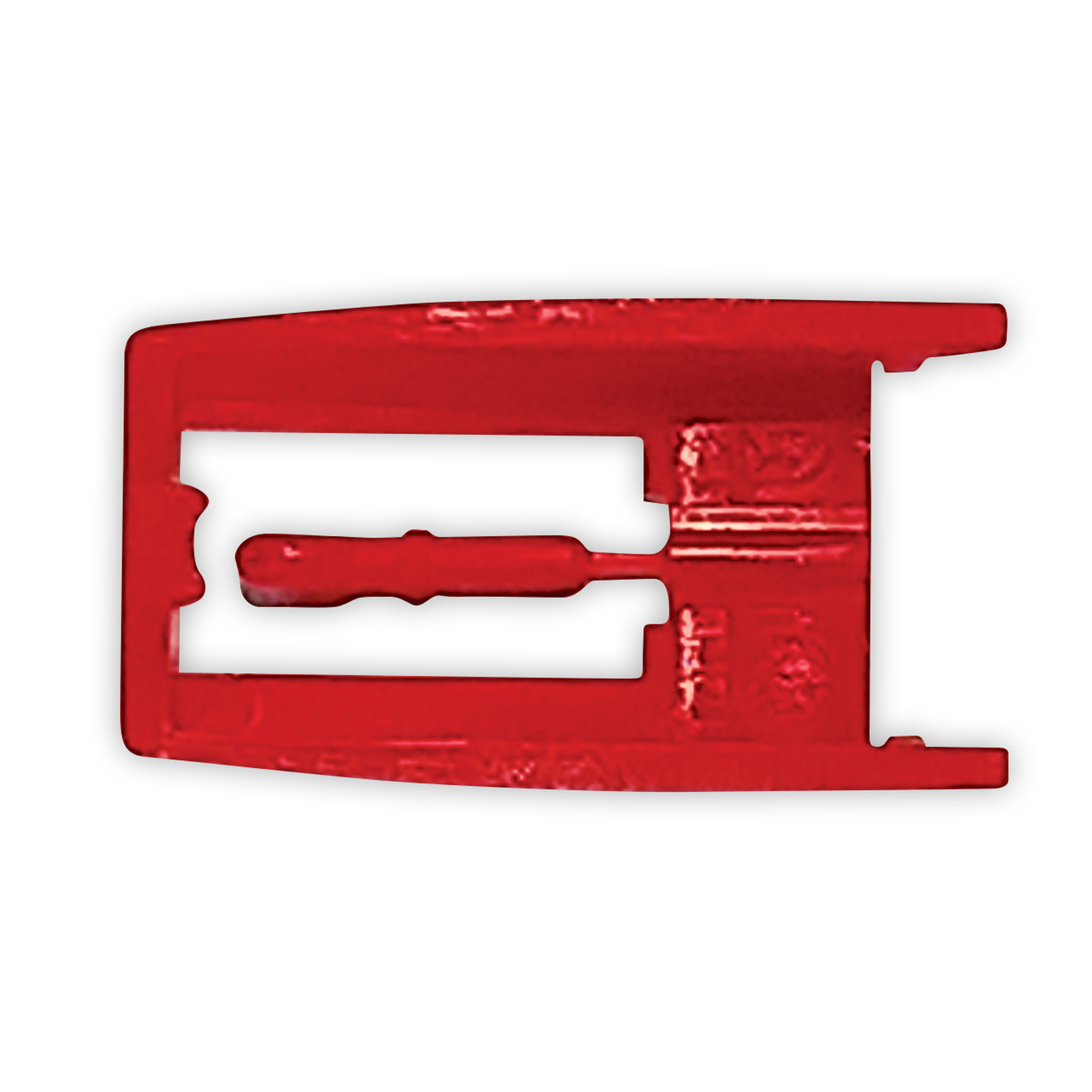 Red plastic clip. Rectangular with a central cutout. White background.