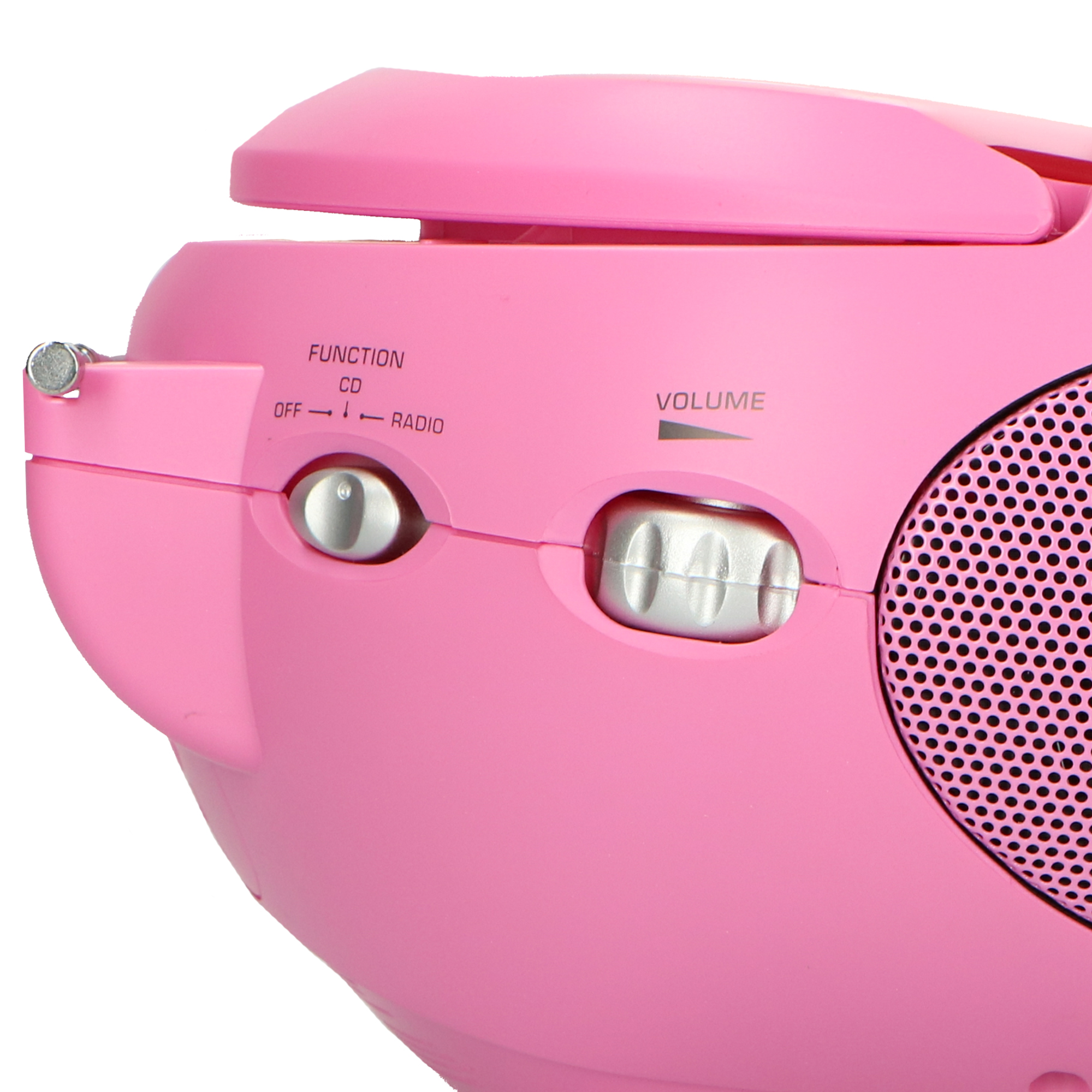 Różowy boombox w stylu retro z przyciskami do funkcji, CD, radia i regulacji głośności.