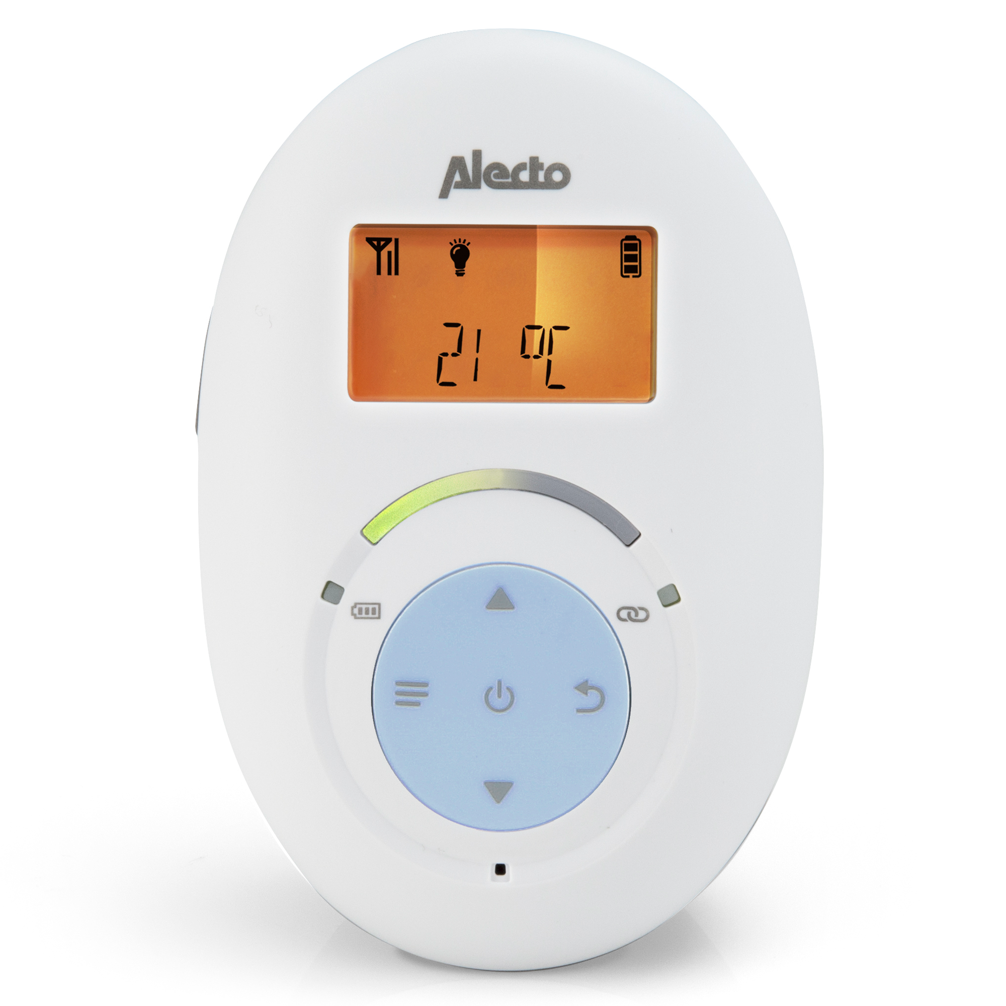 White baby monitor with a screen displaying numbers and icons. Alecto is written.