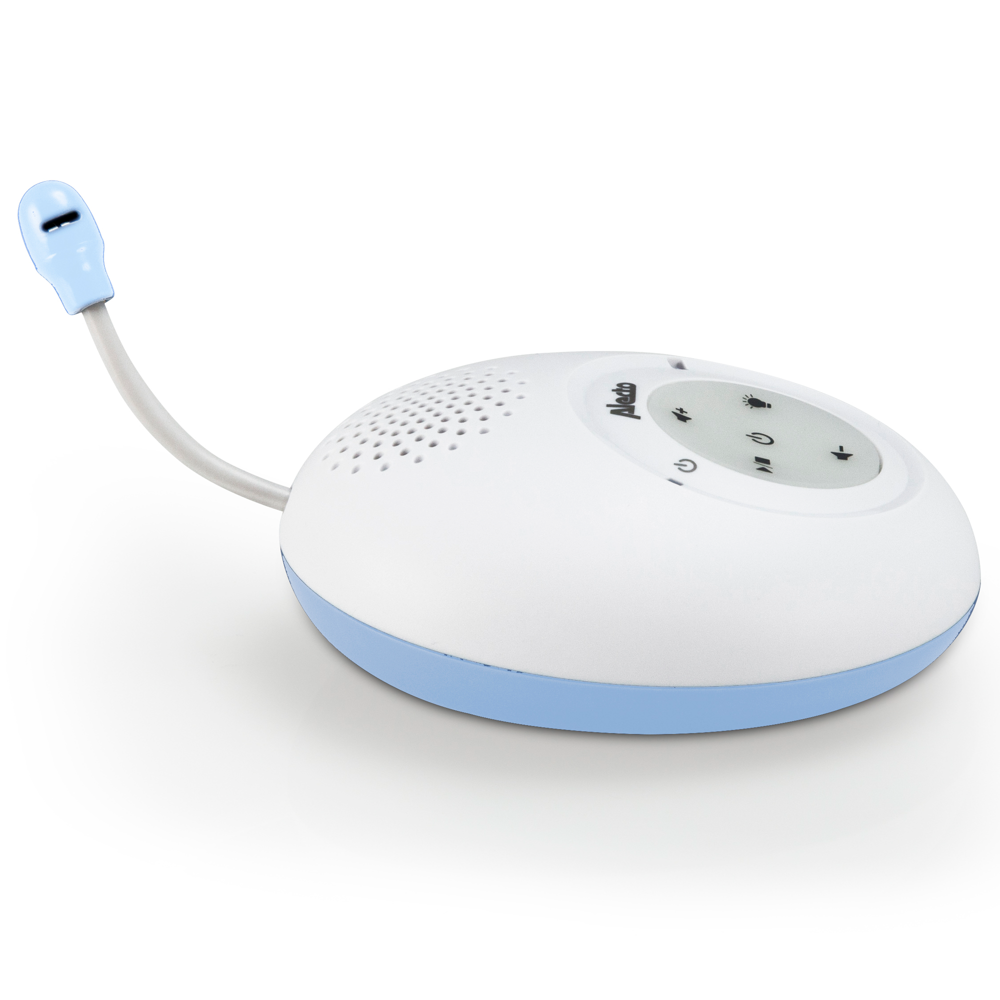 A white and blue baby monitor with a flexible tube and a small speaker. It lies on a white surface.