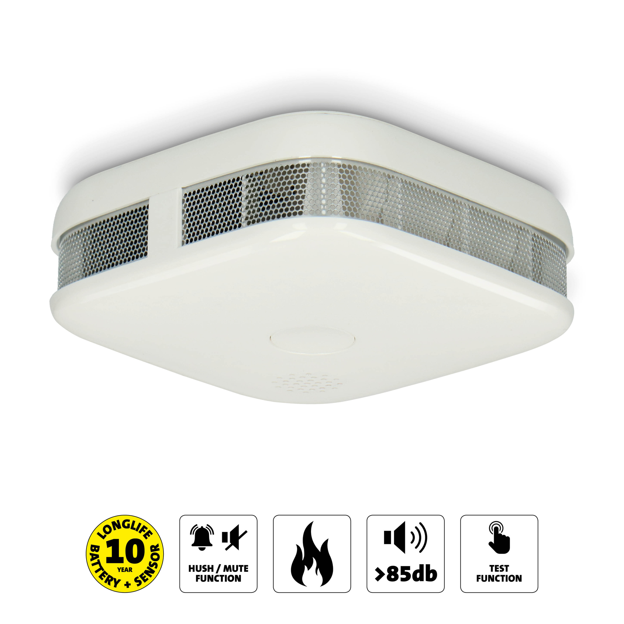 Weißer Rauchmelder auf weißem Hintergrund, mit Symbolen für Batterie, Stumm/Stumm, Feuer, Ton und Test.