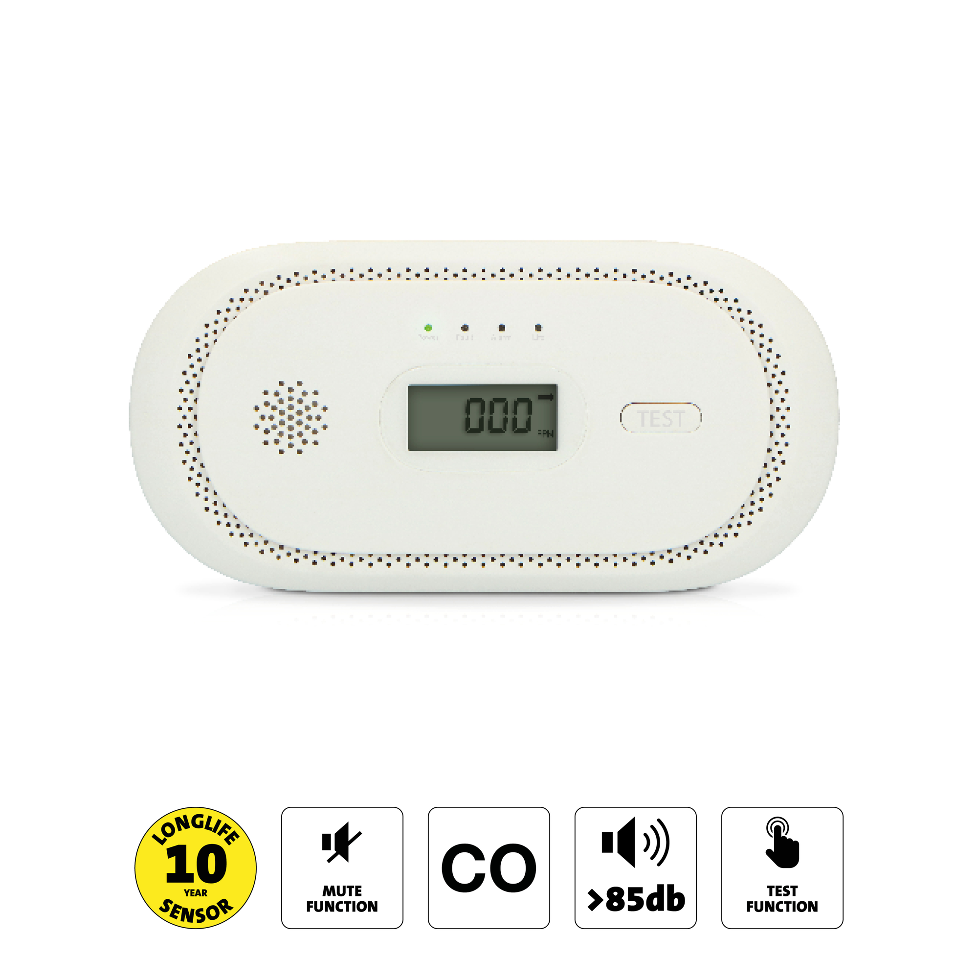 Weißer CO-Detektor mit Anzeige '000', Tasten und Symbolen für Funktionen.