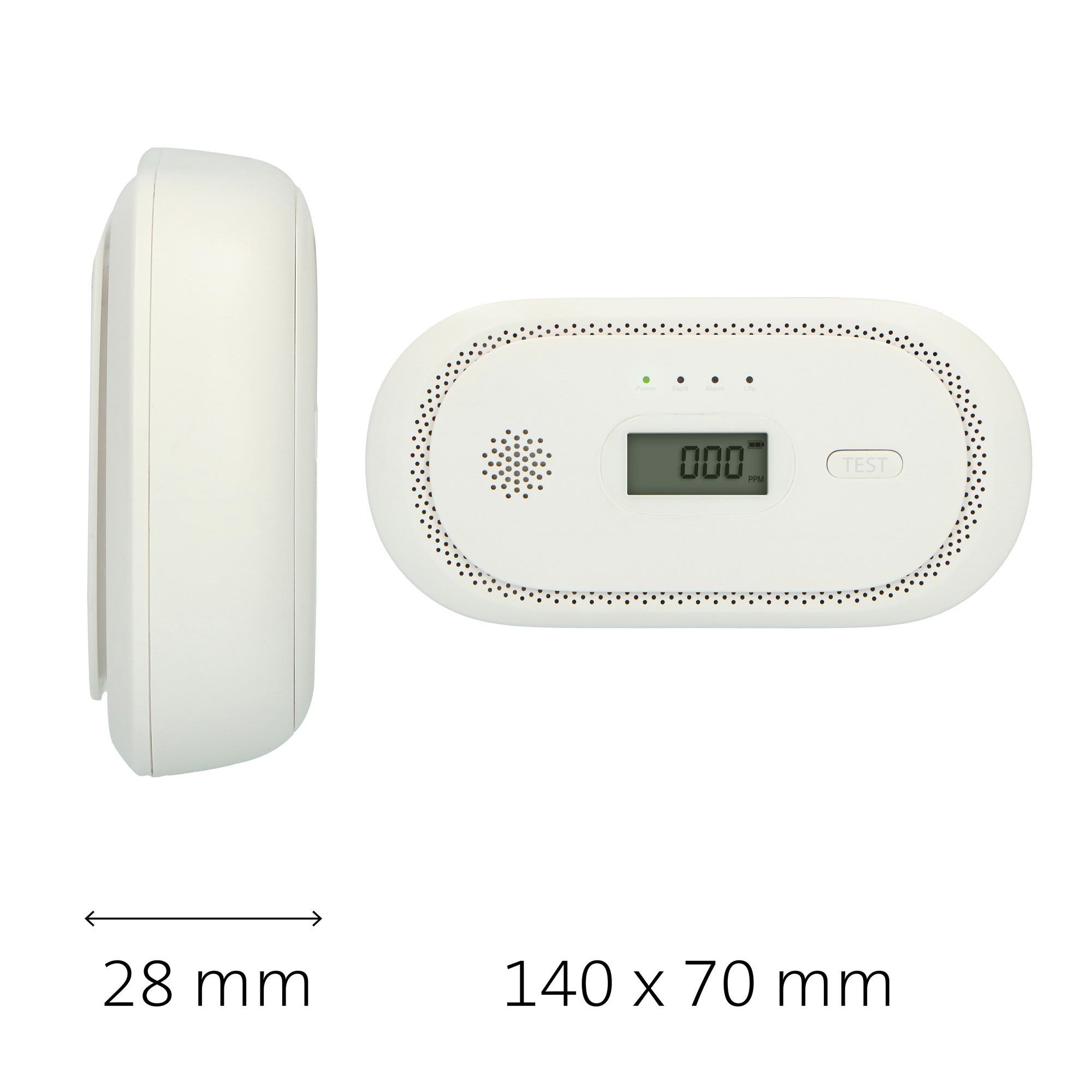 Ein weißer Kohlenmonoxid-Detektor mit Digitalanzeige und Testknopf.