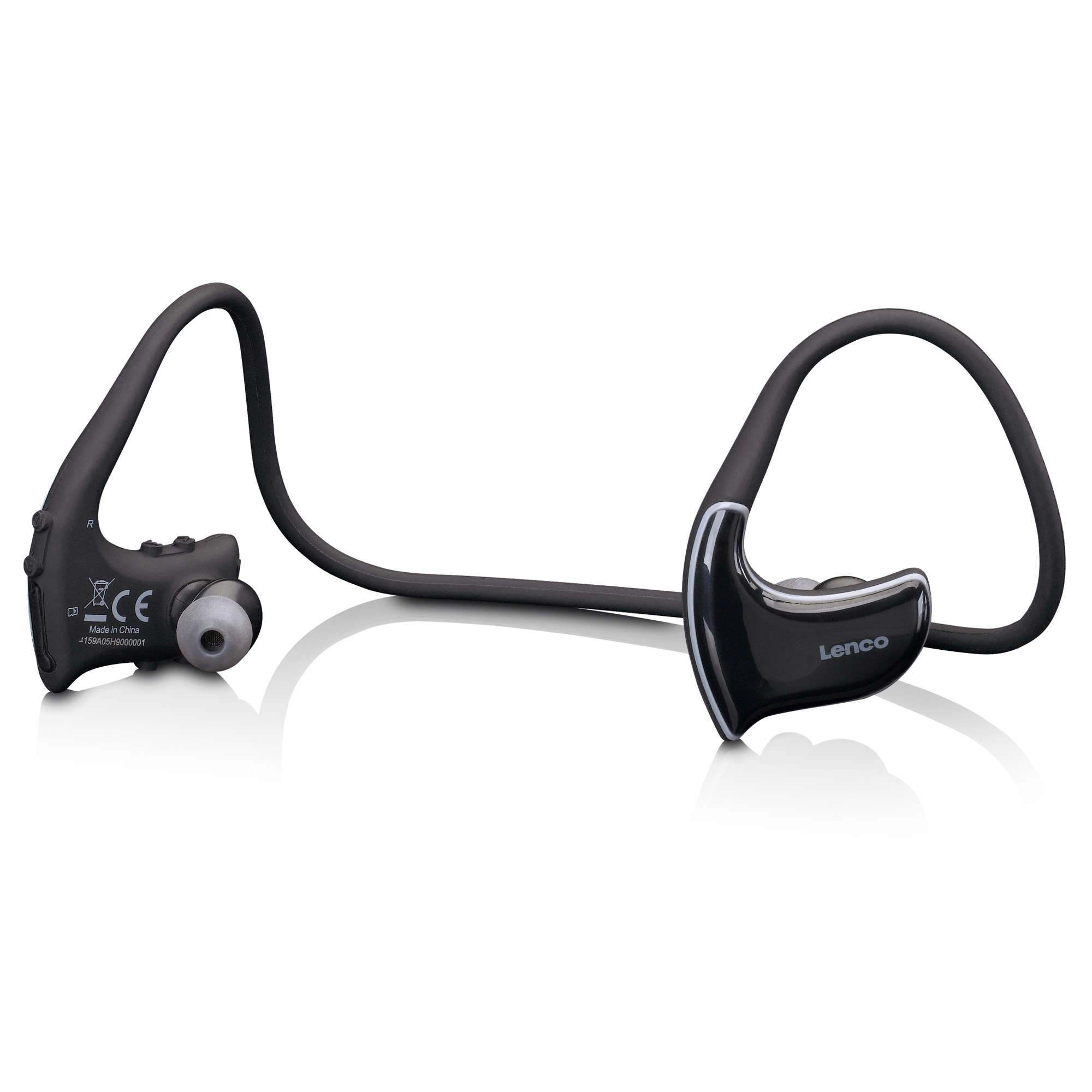 Auricolari wireless Lenco neri. Sfondo bianco.