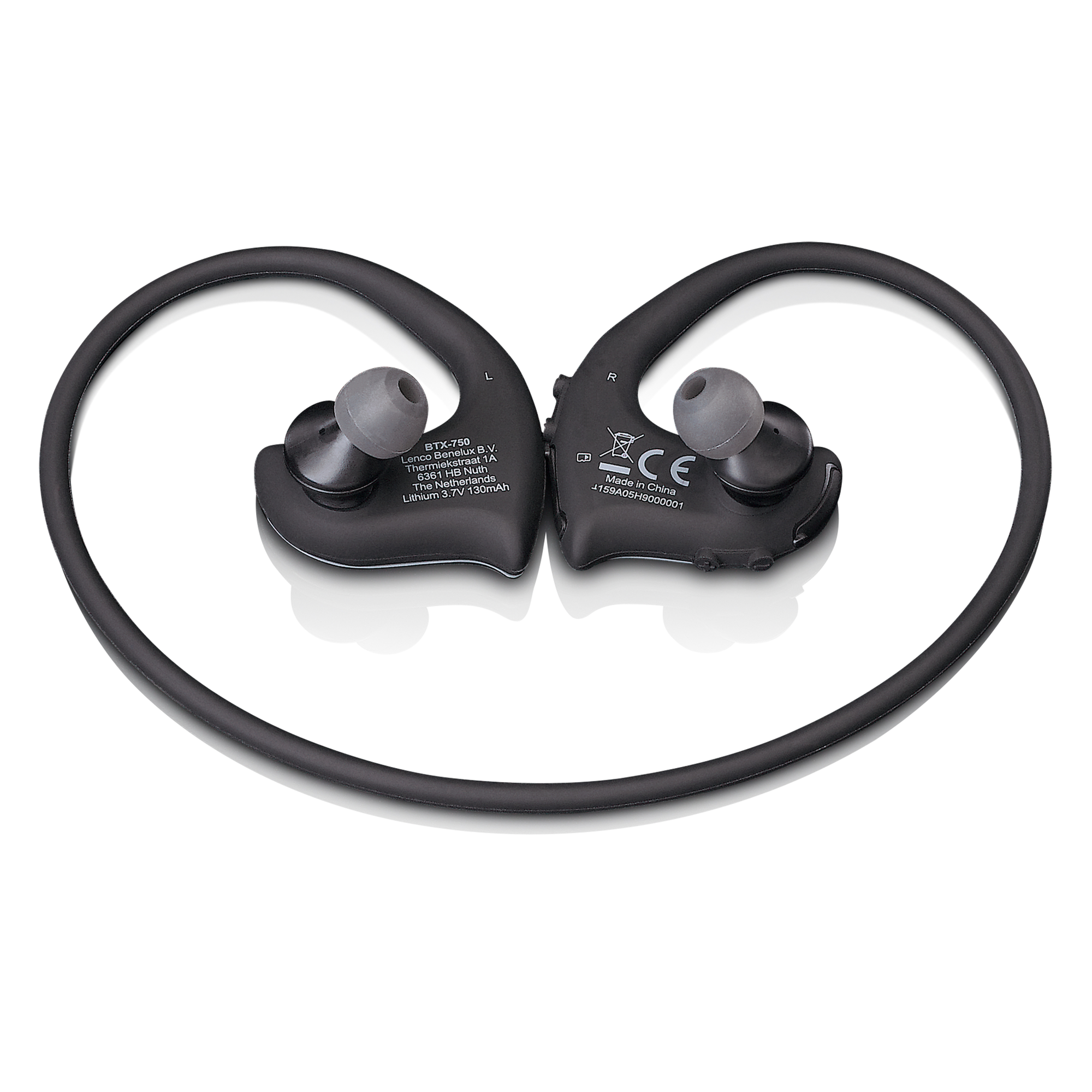Auricolari wireless neri collegati da un filo, su una superficie bianca.