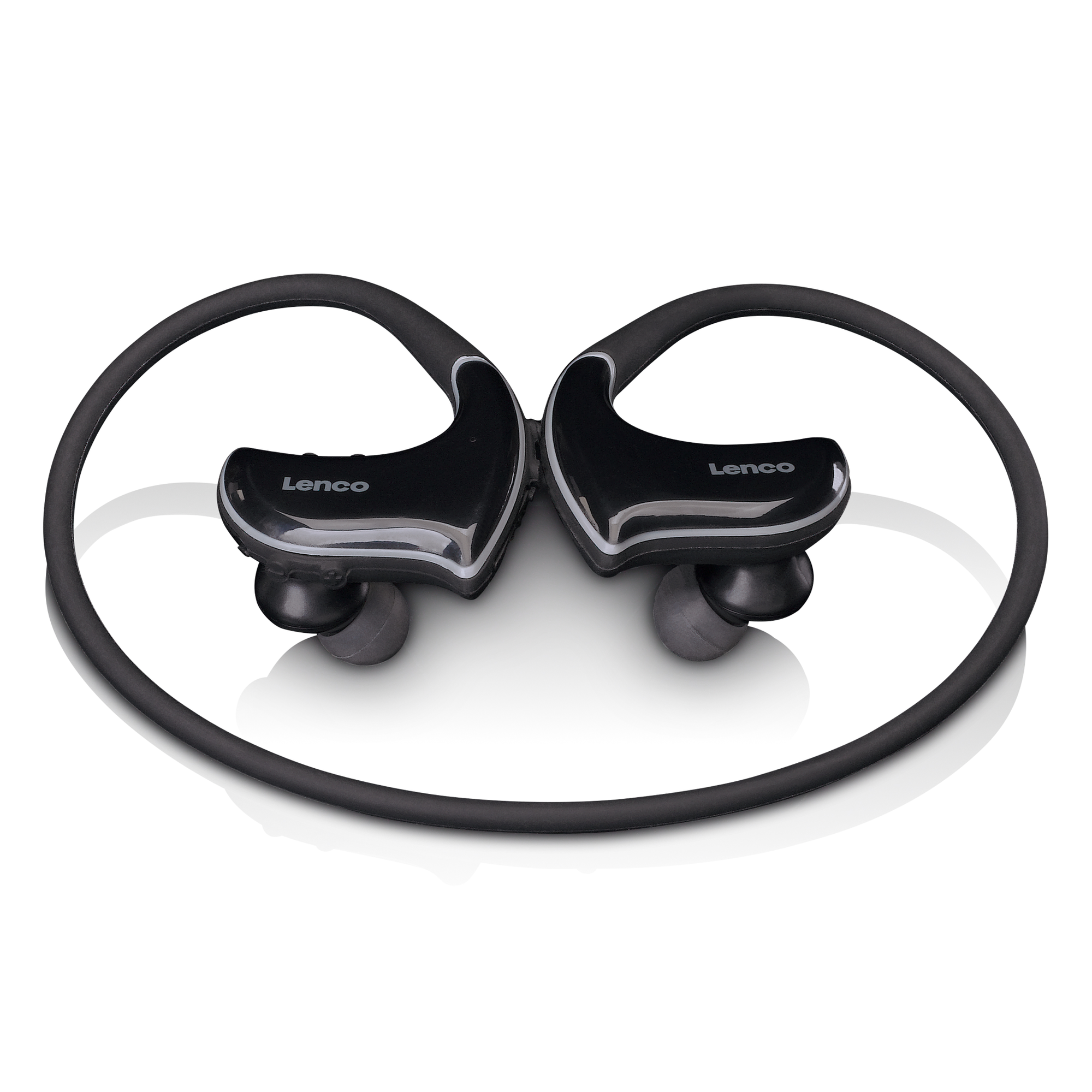 Cuffie wireless Lenco nere. Le cuffie sono collegate con un archetto da collo.