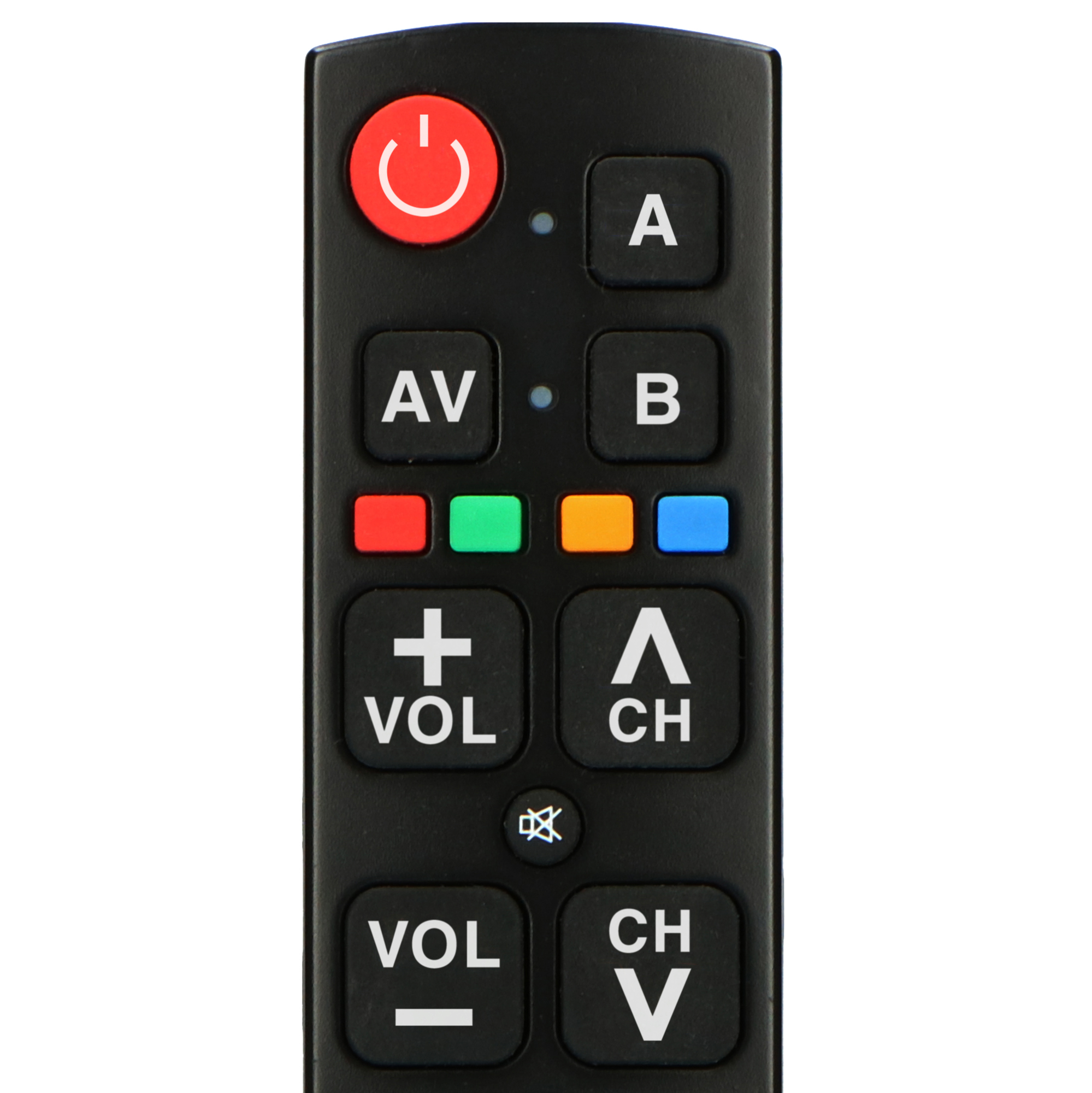 Zwarte tv-afstandsbediening met rode aan/uit-knop en diverse gekleurde knoppen.