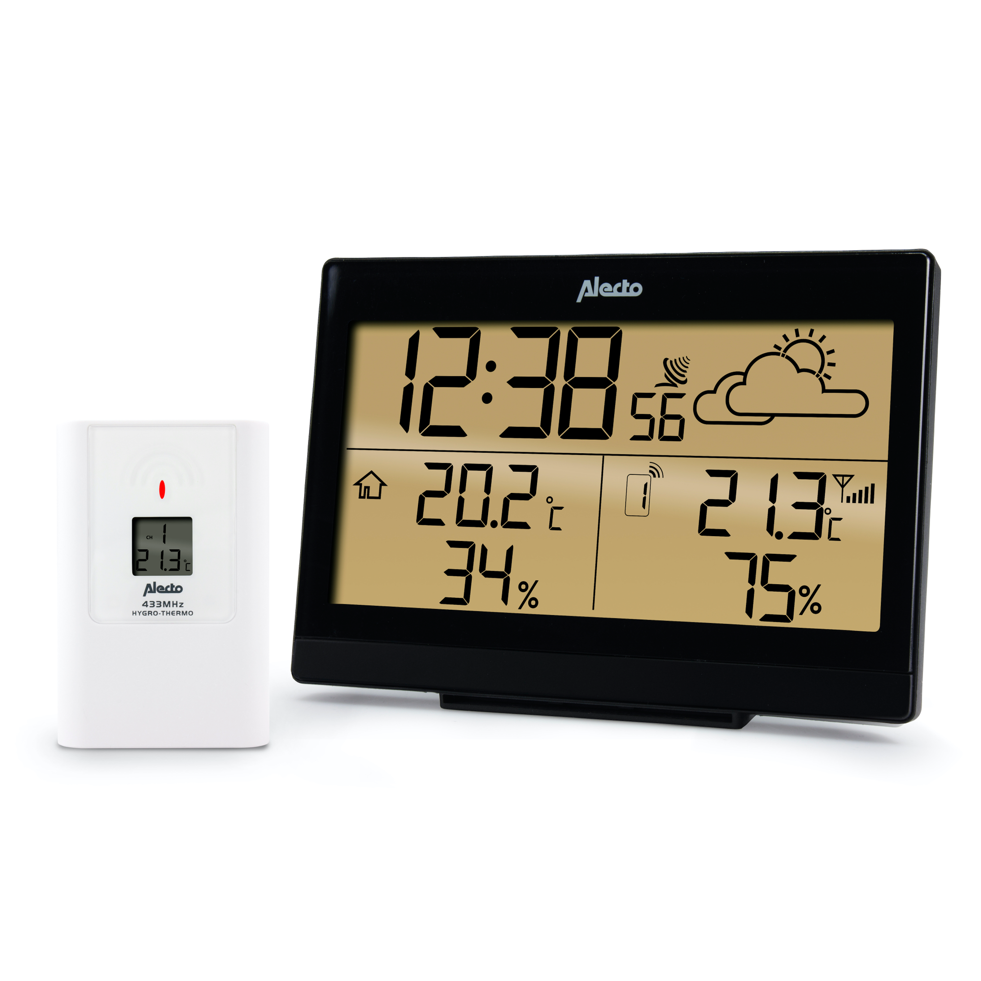 Stazione meteorologica digitale con display che mostra ora, temperatura e umidità.