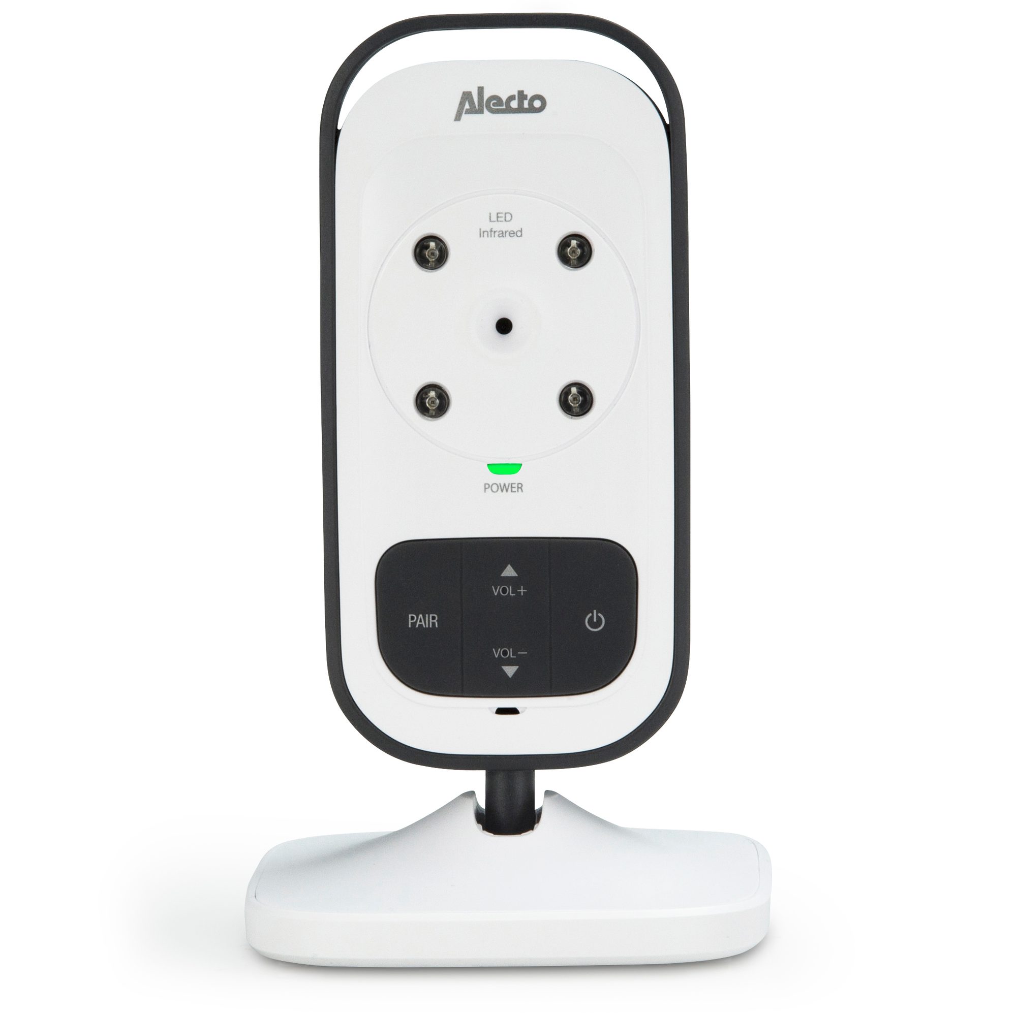 Vigilabebés Alecto blanco sobre un soporte. Tiene botones para volumen y encendido.