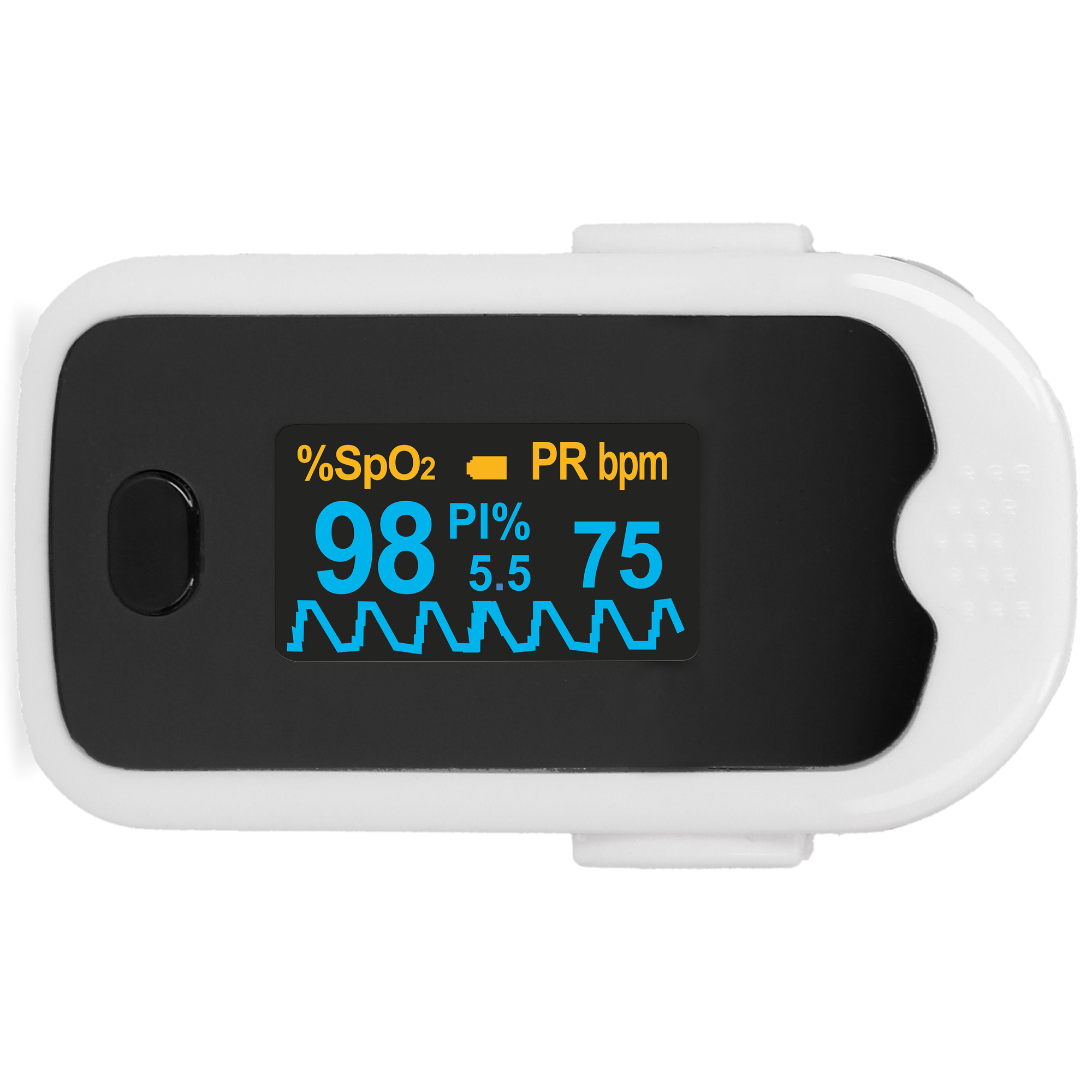 Weißes Pulsoximeter mit Digitalanzeige für %SpO2, PR bpm und PI, isoliert auf Weiß.
