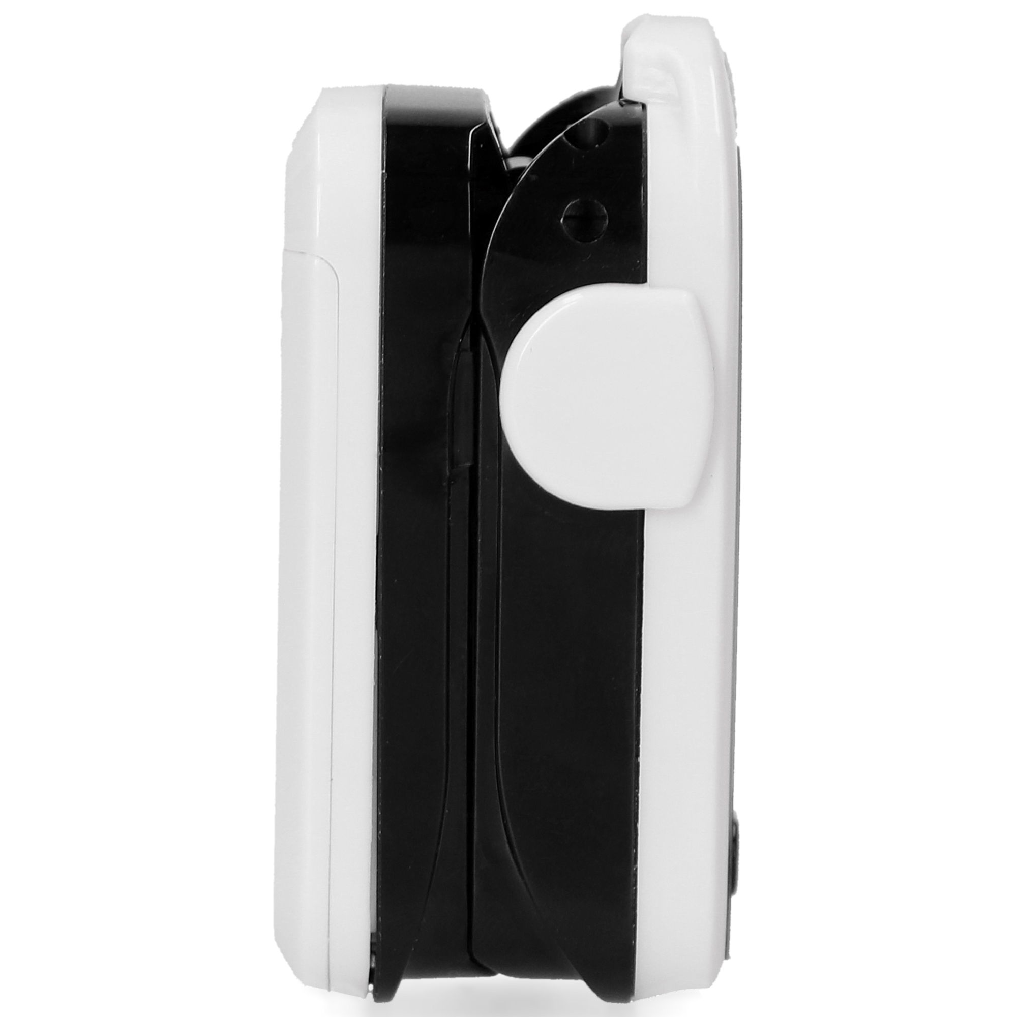 Seitenansicht eines schwarz-weißen Oximeters. Weißer Hintergrund.