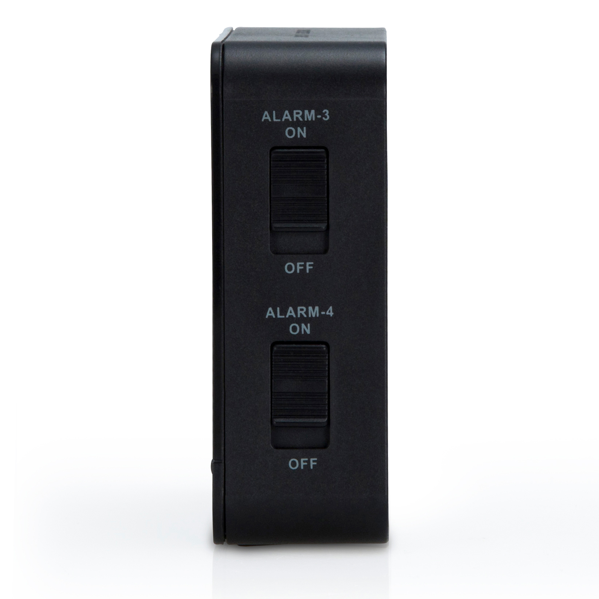 Zwart bedieningspaneel met twee schakelaars met de labels 'ALARM-3' en 'ALARM-4'. Witte achtergrond.