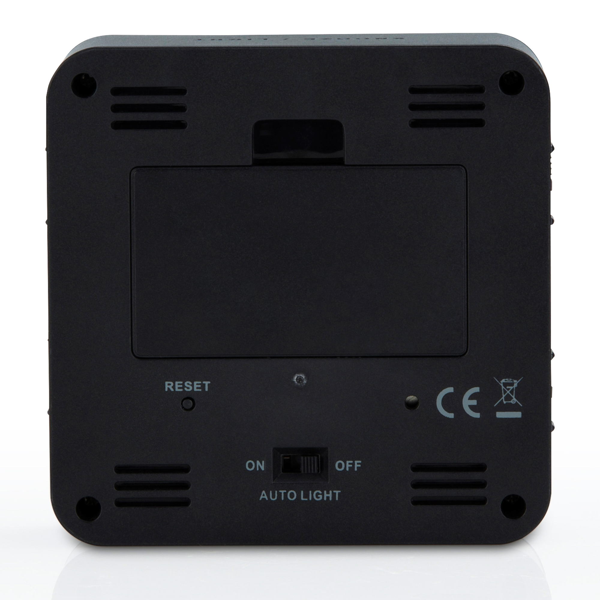 Achterkant van een zwart elektronisch apparaat, met een resetknop, aan/uit schakelaar en ventilatiegaten.