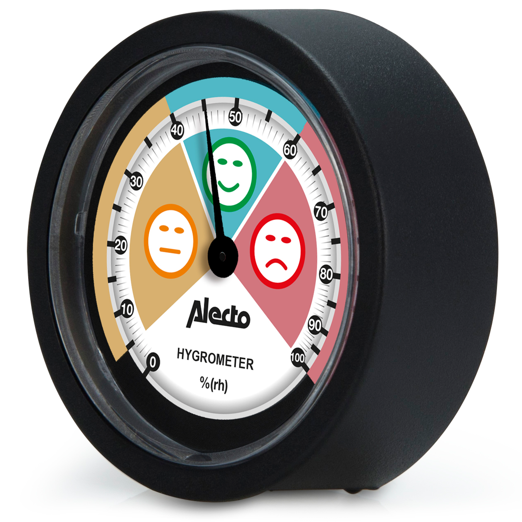 A black hygrometer with a gauge showing smiley faces and a range of percentages.